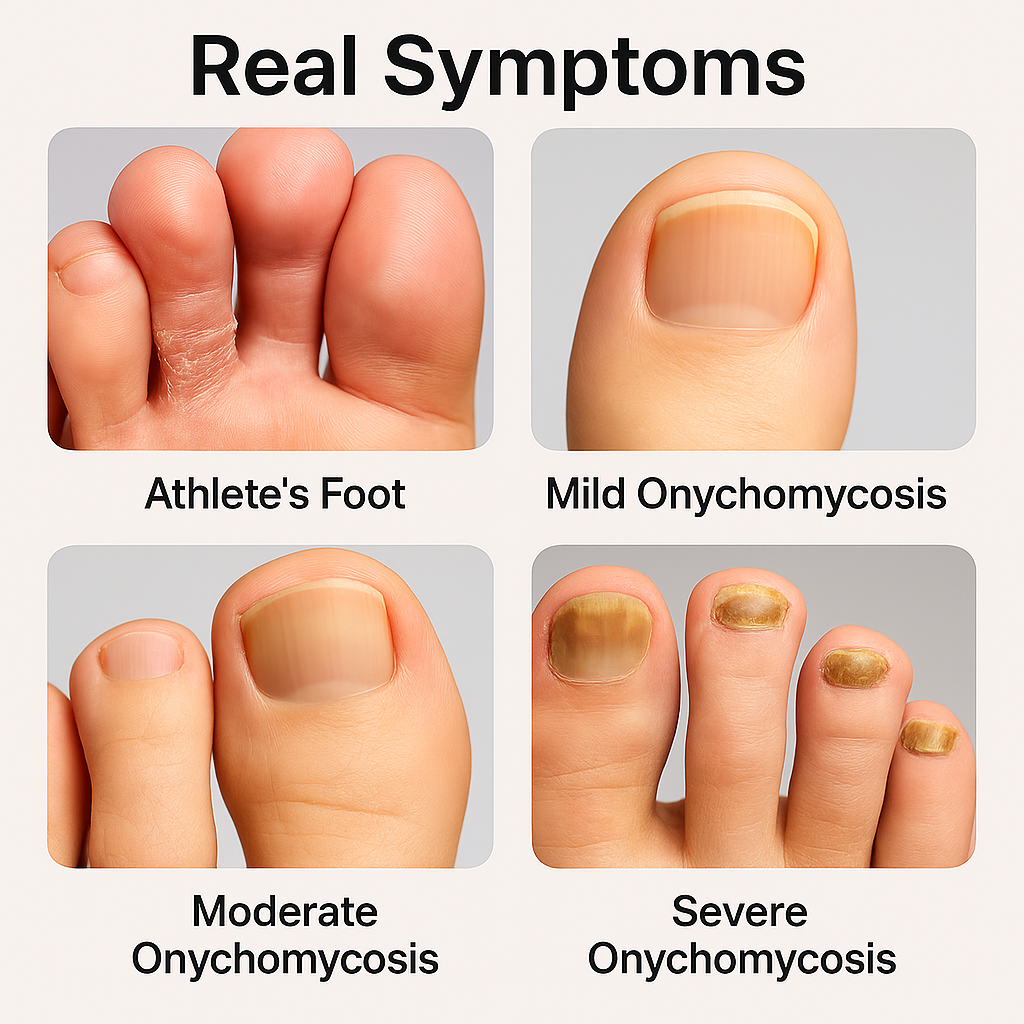 Visual guide to common symptoms of Athlete's Foot and Toenail Fungus, showing examples of itching, peeling skin, discolored and thickened nails.