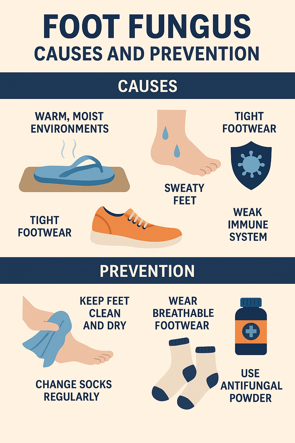 Illustration detailing common causes of foot fungus (e.g., humid environments, tight shoes) and effective prevention methods (e.g., proper drying, breathable footwear).