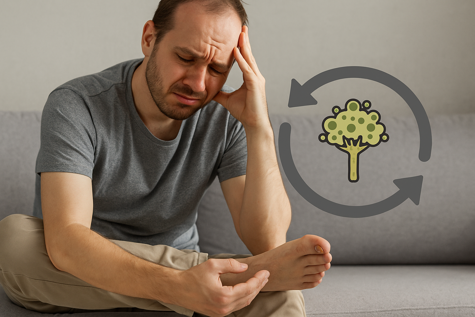 A frustrated person looking at their foot, representing the common problem of recurrent toenail fungus.