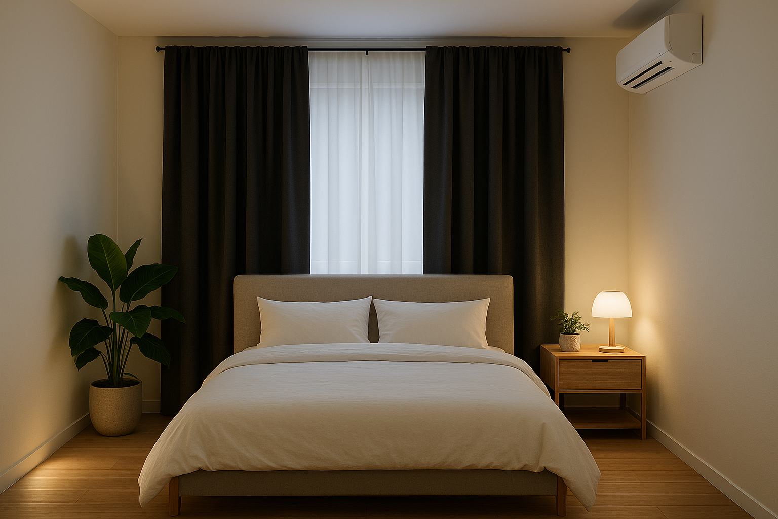 Perfectly optimized bedroom environment showing ideal sleep setup with blackout curtains, comfortable temperature control, minimal electronics, plants for air quality, and serene, clutter-free design. Professional interior design photography with soft, calming lighting.