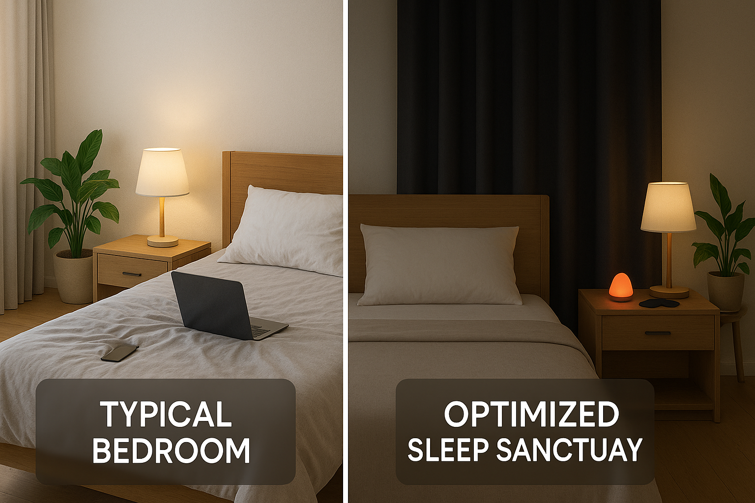  Split-screen comparison showing a typical bedroom with sleep-disrupting elements versus an optimized sleep sanctuary with all environmental factors properly addressed. Clear visual demonstration of the transformation principles.