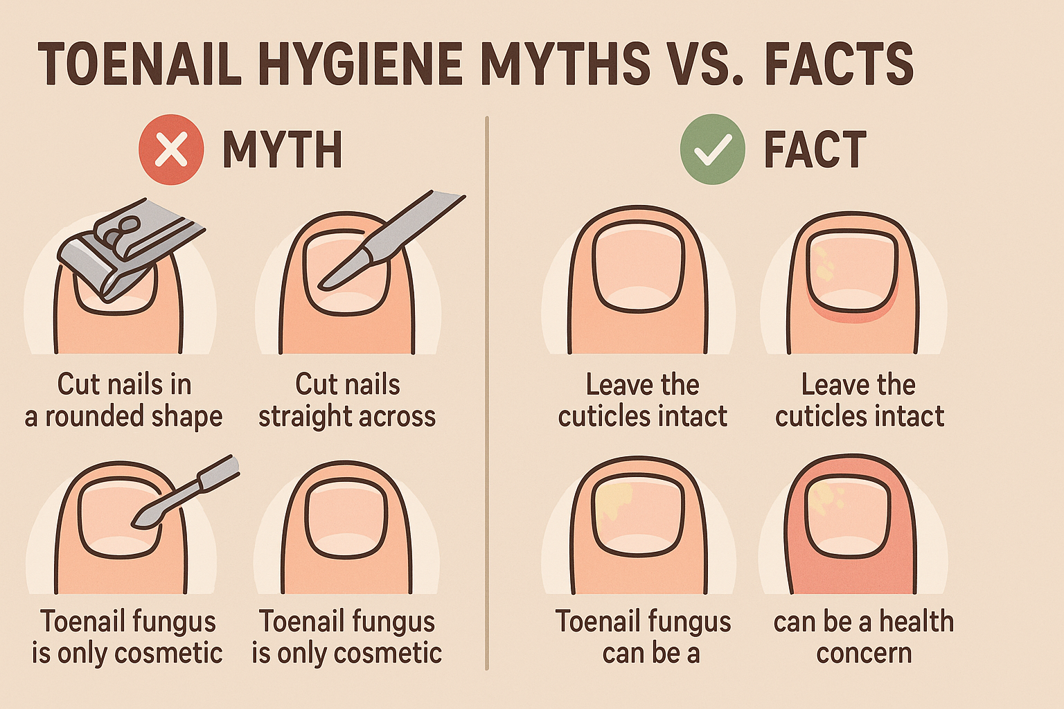 Infographic illustrating common toenail hygiene myths vs. facts, with clear visuals for correct nail trimming, cuticle care, and fungal infection signs. Clean, educational design.