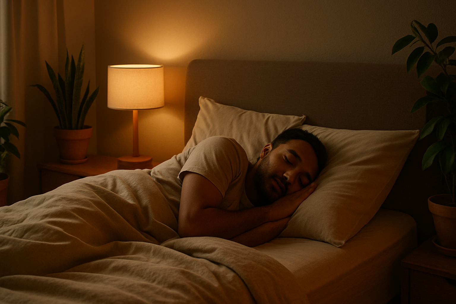Peaceful bedroom scene with person sleeping soundly, soft lighting, comfortable bedding, plants, and serene atmosphere. Professional photography style with warm, calming colors.