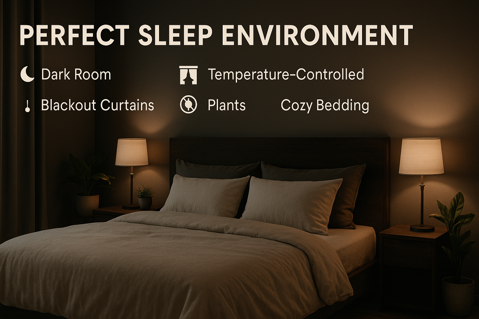Perfect sleep environment showing dark room with blackout curtains, comfortable temperature control, minimal electronics, plants for air quality, and cozy bedding. Professional interior design photography.