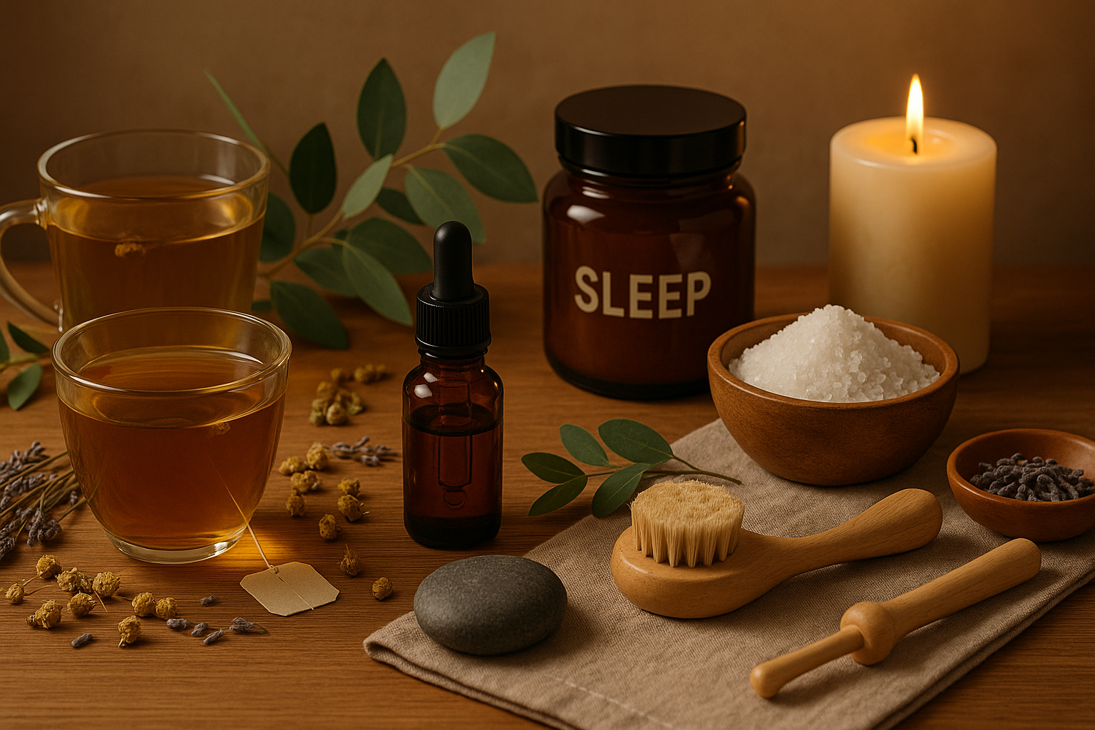Collection of natural sleep aids including herbal teas, essential oils, Epsom salts, and relaxation tools arranged aesthetically. Warm, inviting lighting with natural textures and colors.class=