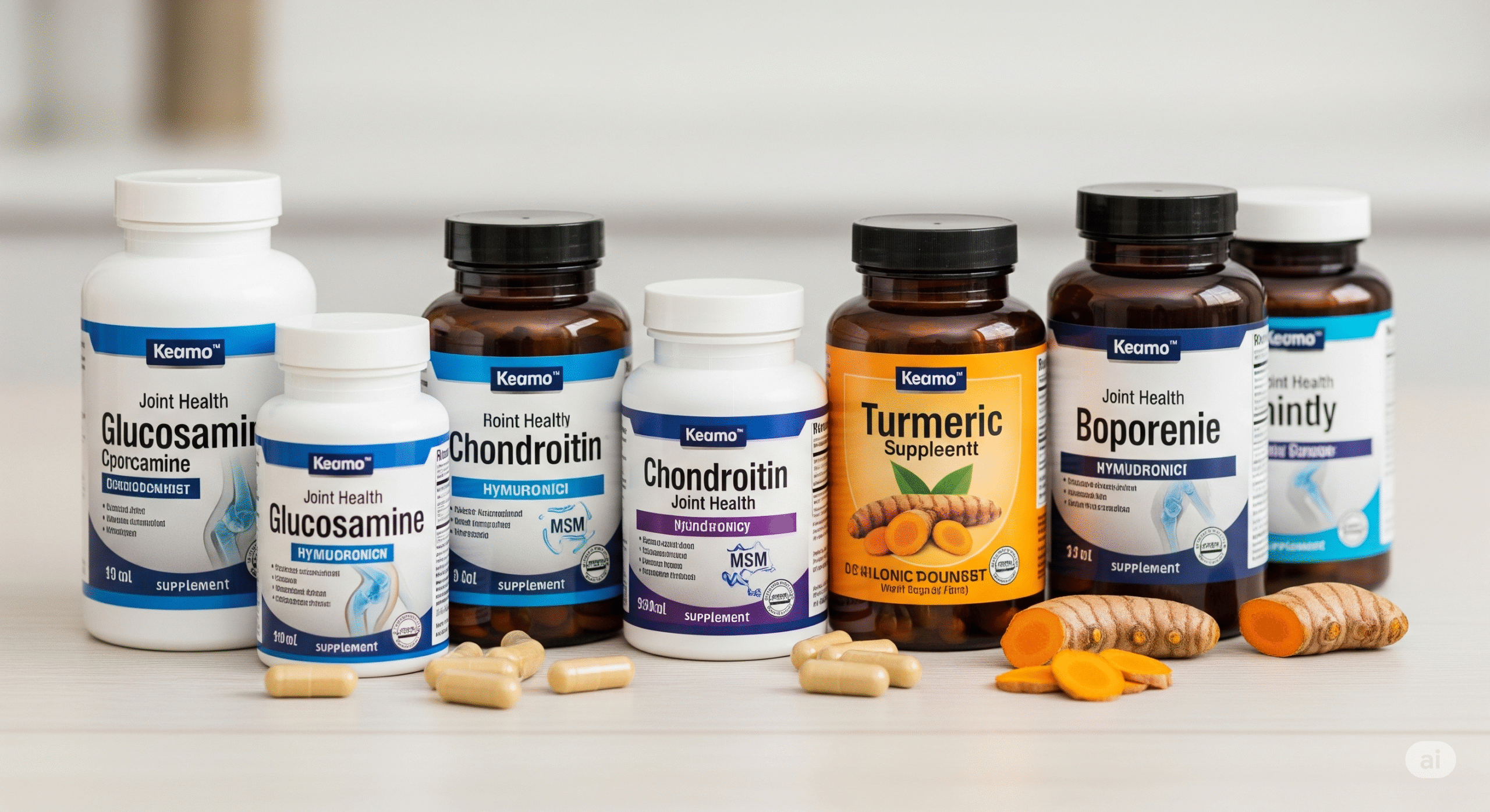 Image credit: Arthritis Foundation (educational use) A collection of nutritional supplements commonly used for joint health, such as glucosamine, chondroitin, and turmeric, displayed with their respective bottles.