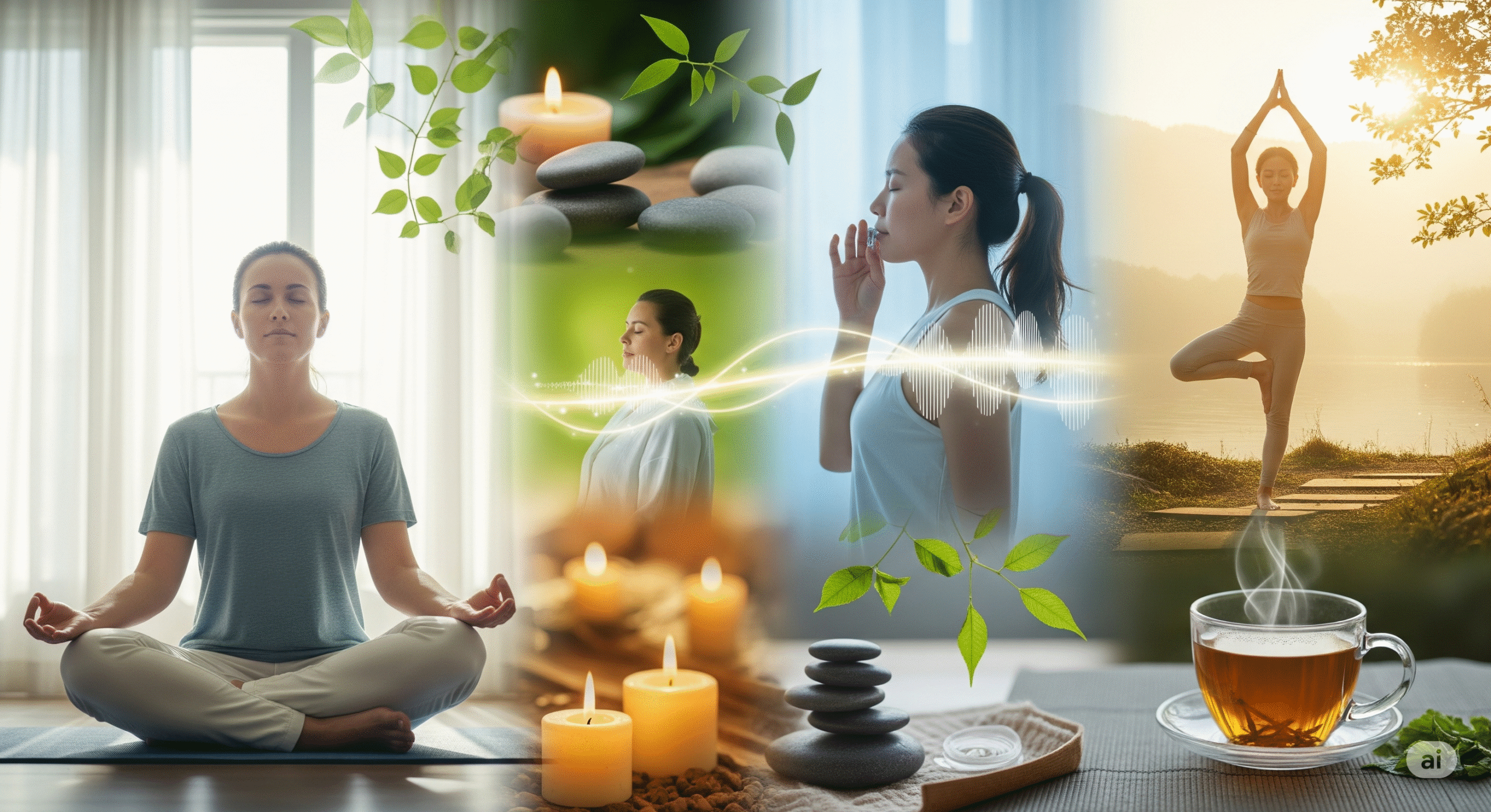 Visual montage showing various relaxation practices including meditation poses, breathing exercises, yoga positions, and peaceful environments. Harmonious composition with soft, calming colors and natural elements.