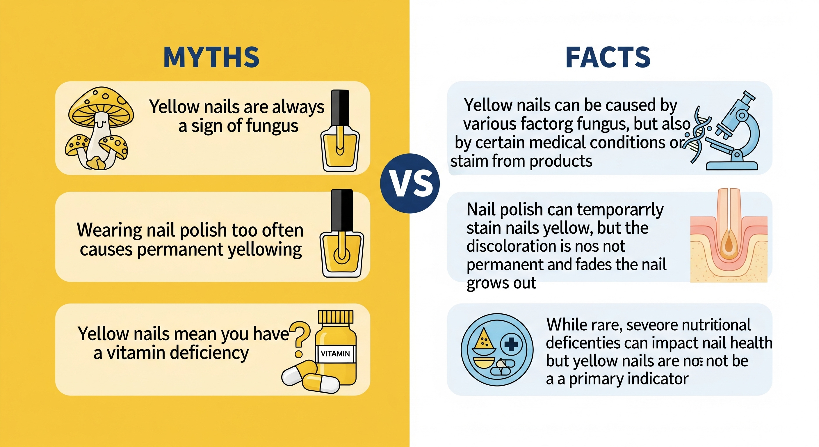 Infographic comparing common yellow nail myths with scientific facts, featuring icons for fungus, nail polish, and medical conditions. Clear, educational design with a balanced color palette.