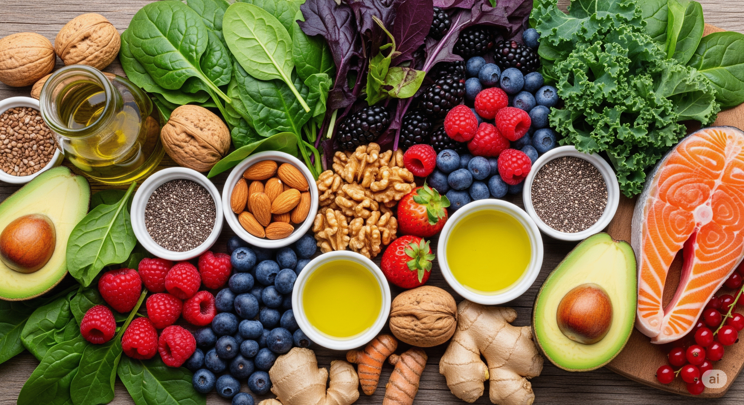 Image credit: Baptist Health (educational use) A colorful assortment of anti-inflammatory foods that support joint health, including leafy greens, berries, nuts, and healthy oils.
