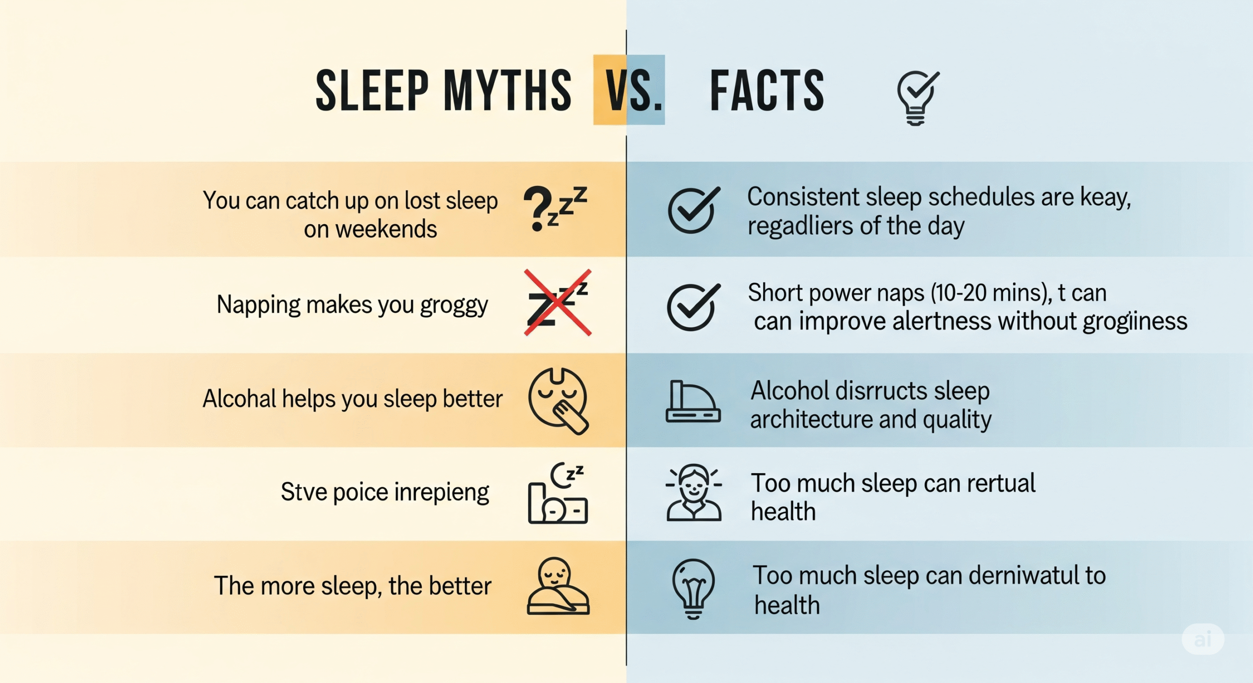 'Sleep Myths vs Facts' visual comparison chart showing common misconceptions on one side and scientific truths on the other. Clean, professional design with icons and easy-to-read text.