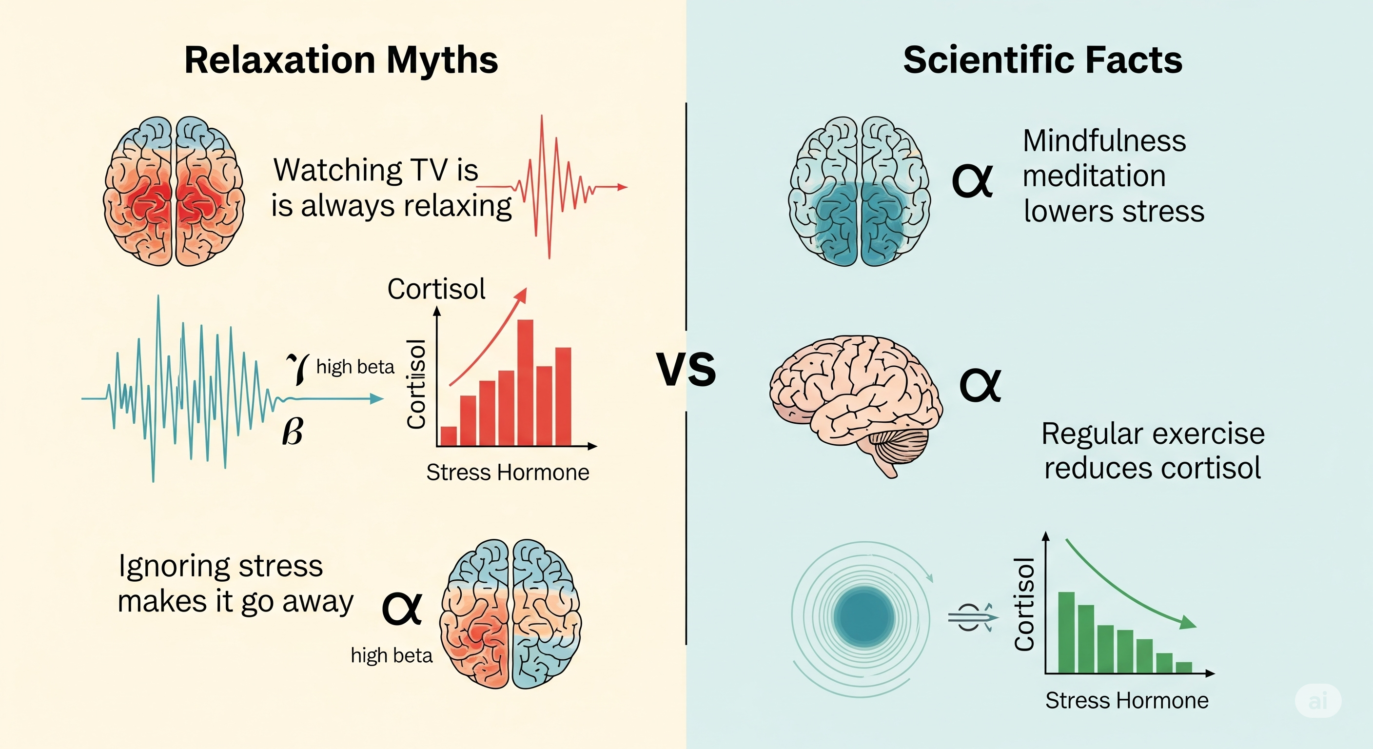 Visual comparison showing common relaxation myths vs. scientific facts, with brain activity patterns and stress hormone level charts. Clean, educational design with calming colors and easy-to-read text.