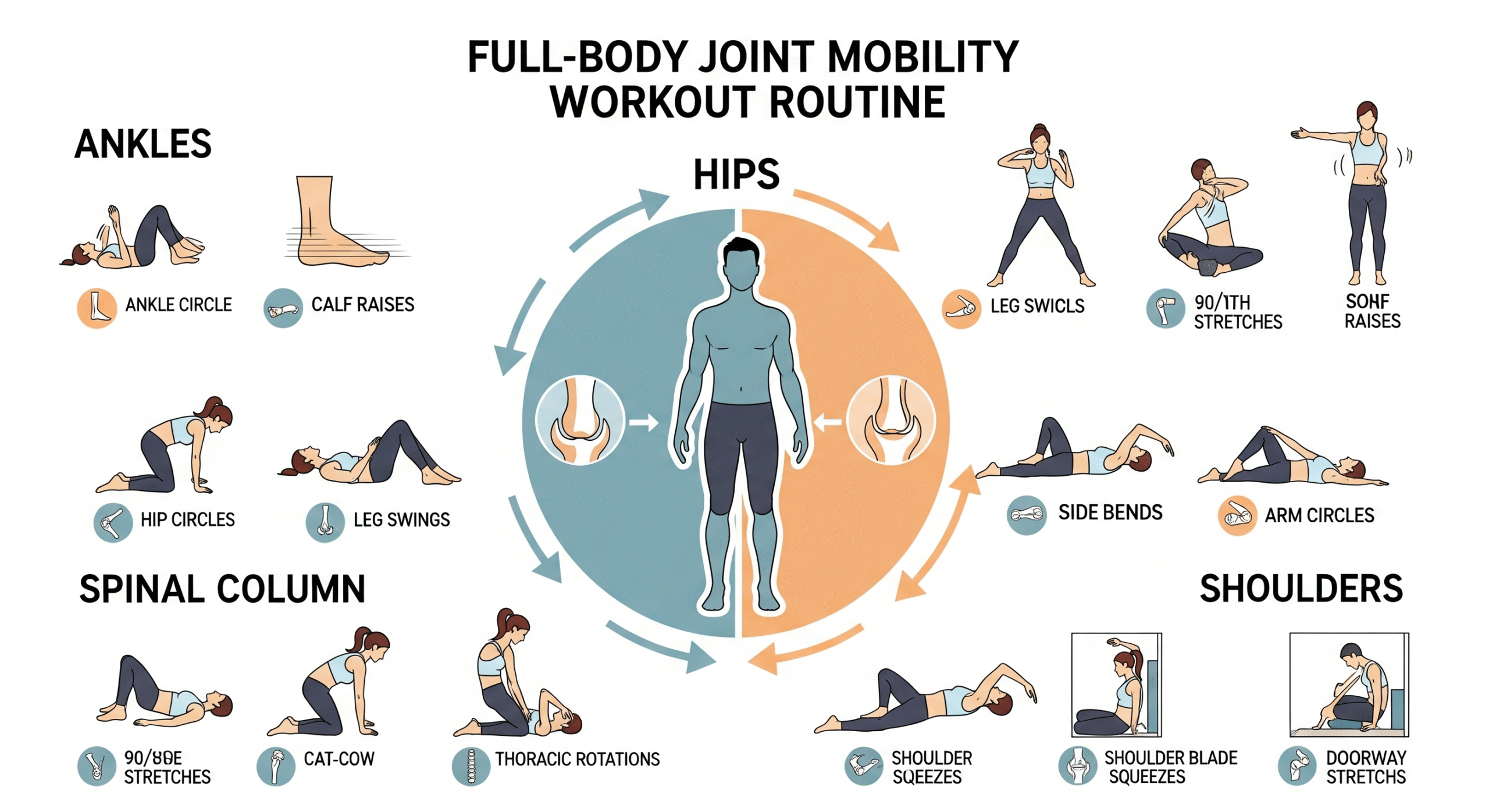 Image credit: Human Kinetics (educational use) A detailed infographic showcasing a full-body joint mobility workout routine, with illustrations of exercises targeting ankles, hips, spinal column, and shoulders.