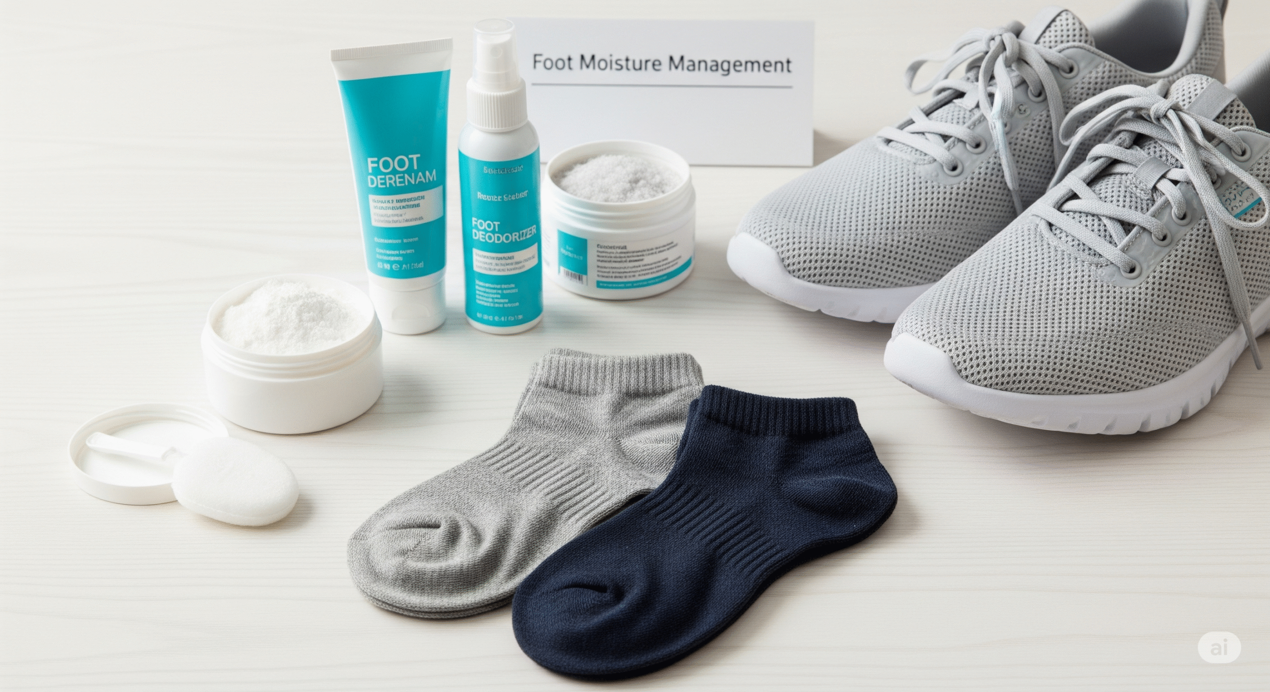 Collection of foot moisture management tools including moisture-wicking socks, breathable shoes, antifungal powders, and foot care products arranged on a clean surface. Practical, informative composition.
