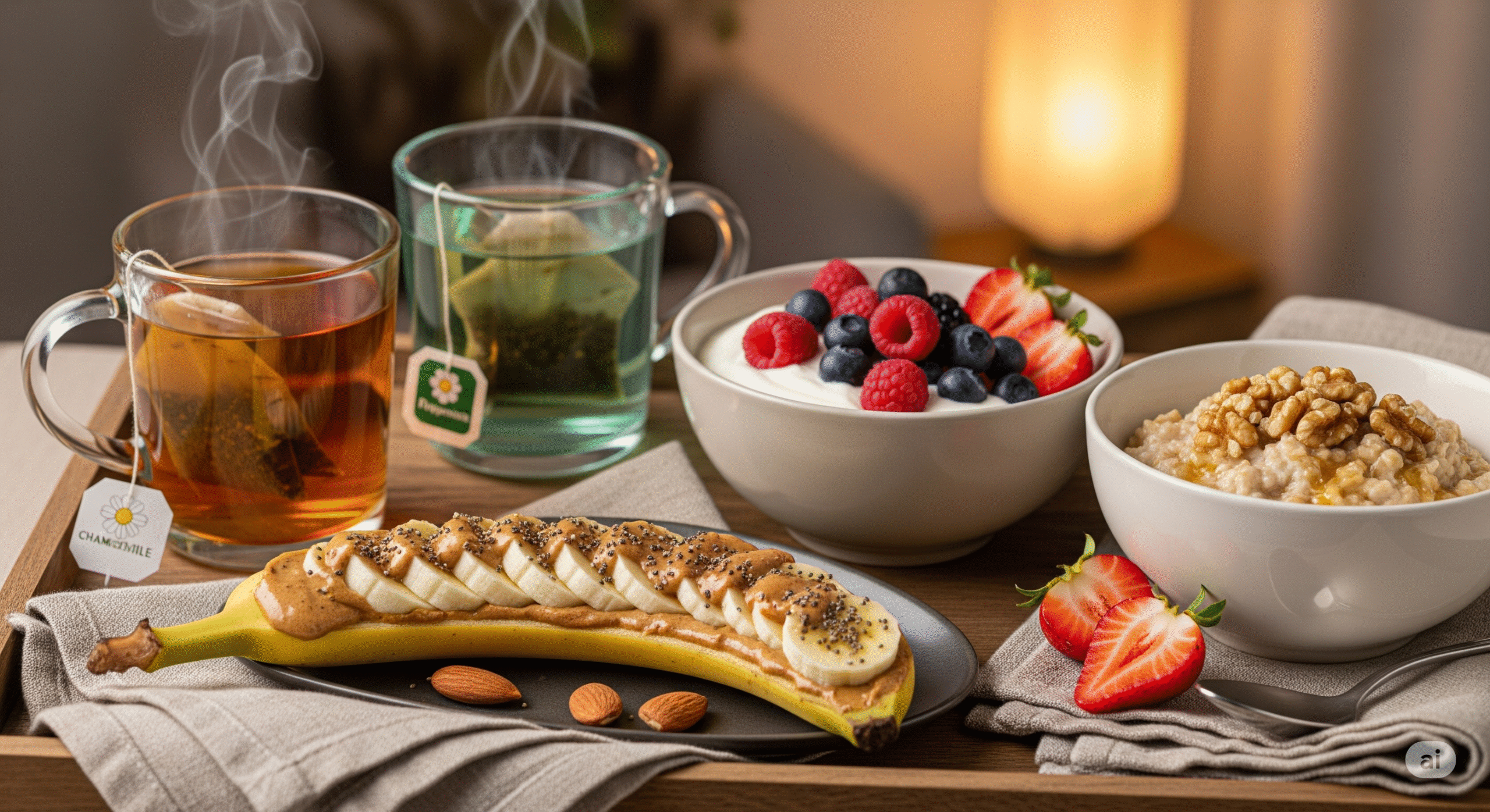 Beautiful arrangement of healthy bedtime snacks including banana with almond butter, herbal teas, Greek yogurt with berries, and oatmeal with nuts. Cozy, inviting presentation with soft lighting and natural textures.