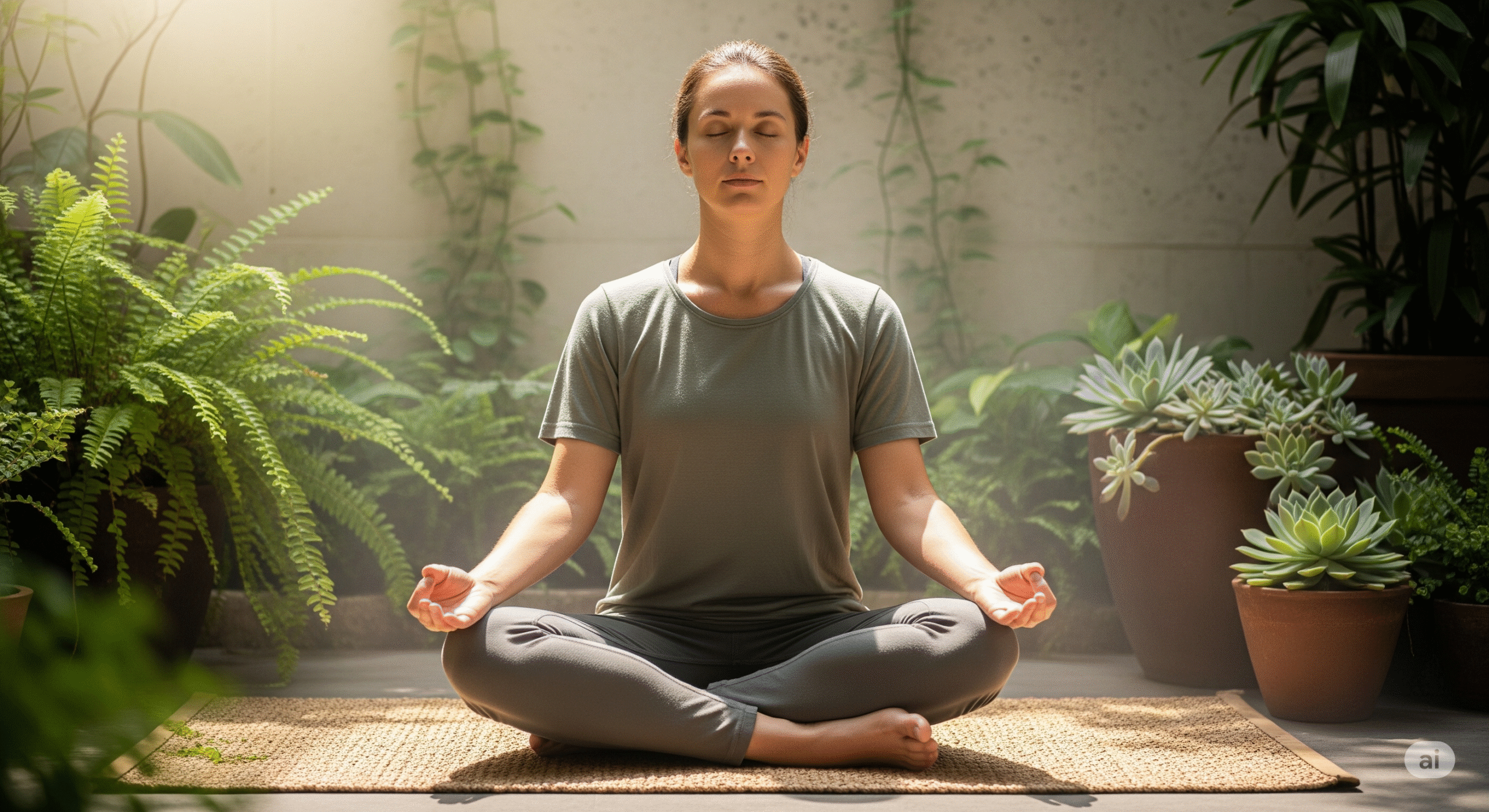 'Person practicing meditation in a peaceful setting, demonstrating proper posture and breathing techniques. Soft, natural lighting with plants and calming environment in background.