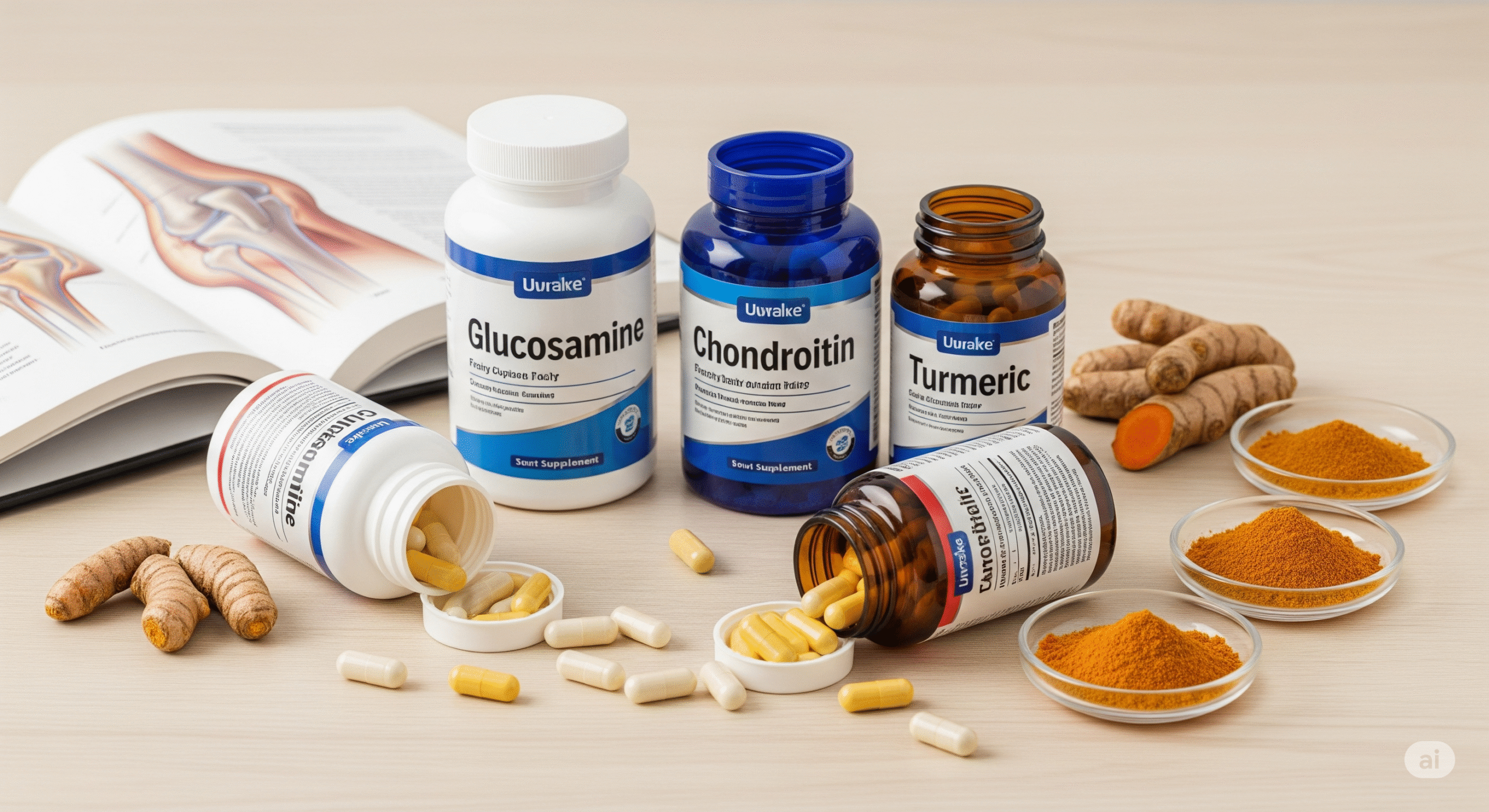 Image credit: Arthritis Foundation (educational use) A collection of nutritional supplements commonly used for joint health, such as glucosamine, chondroitin, and turmeric, displayed with their respective bottles.