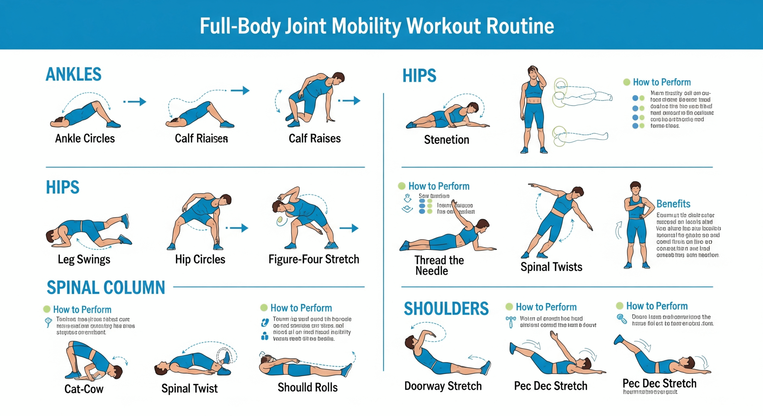 Image credit: Human Kinetics (educational use) A detailed infographic showcasing a full-body joint mobility workout routine, with illustrations of exercises targeting ankles, hips, spinal column, and shoulders.