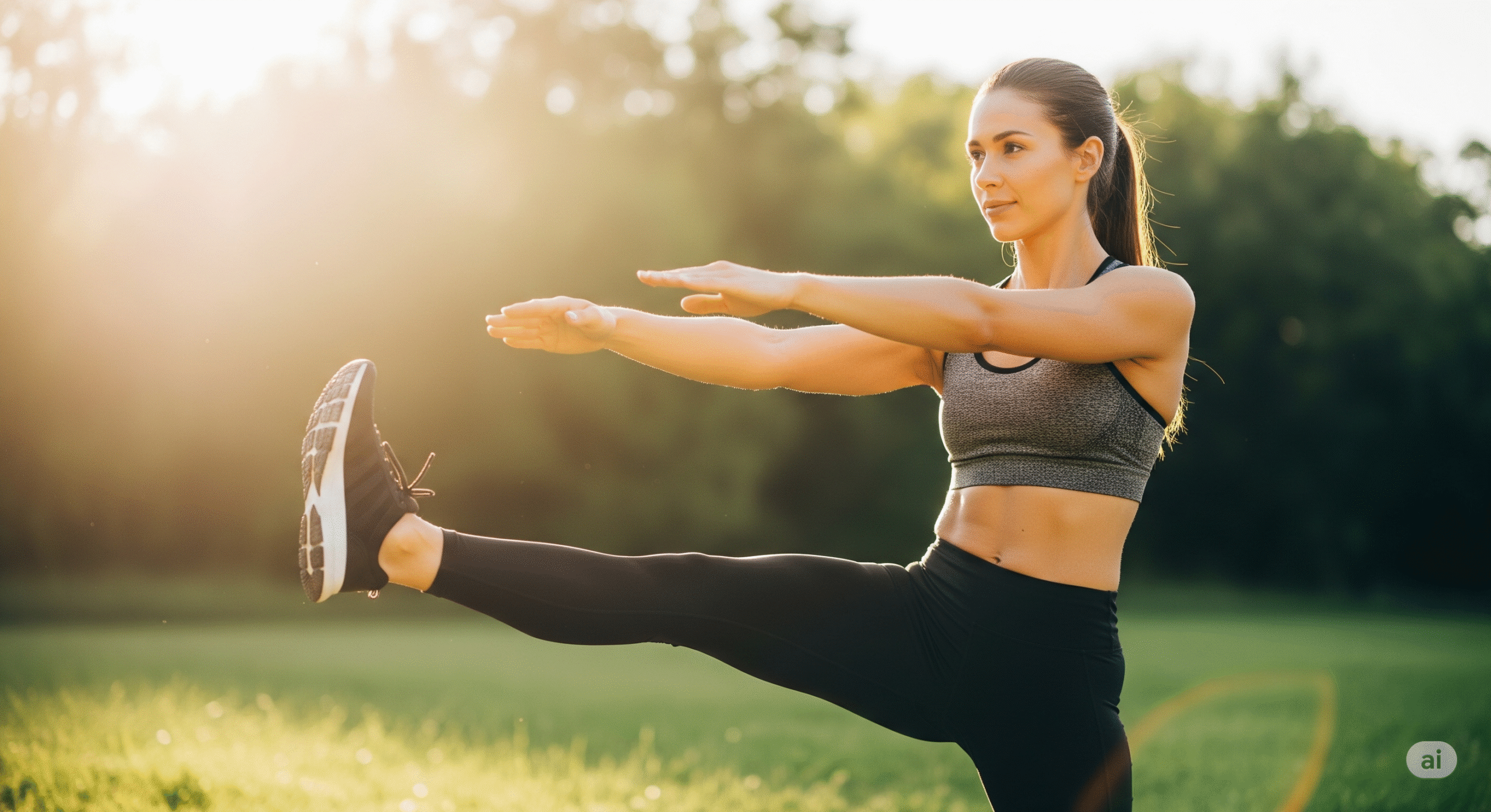 Image credit: LabOfficial Team (Educational Use) A person performing a mobility exercise with a calm and determined expression on their face, in a clean, bright, and natural environment, with a prominent sunlight.