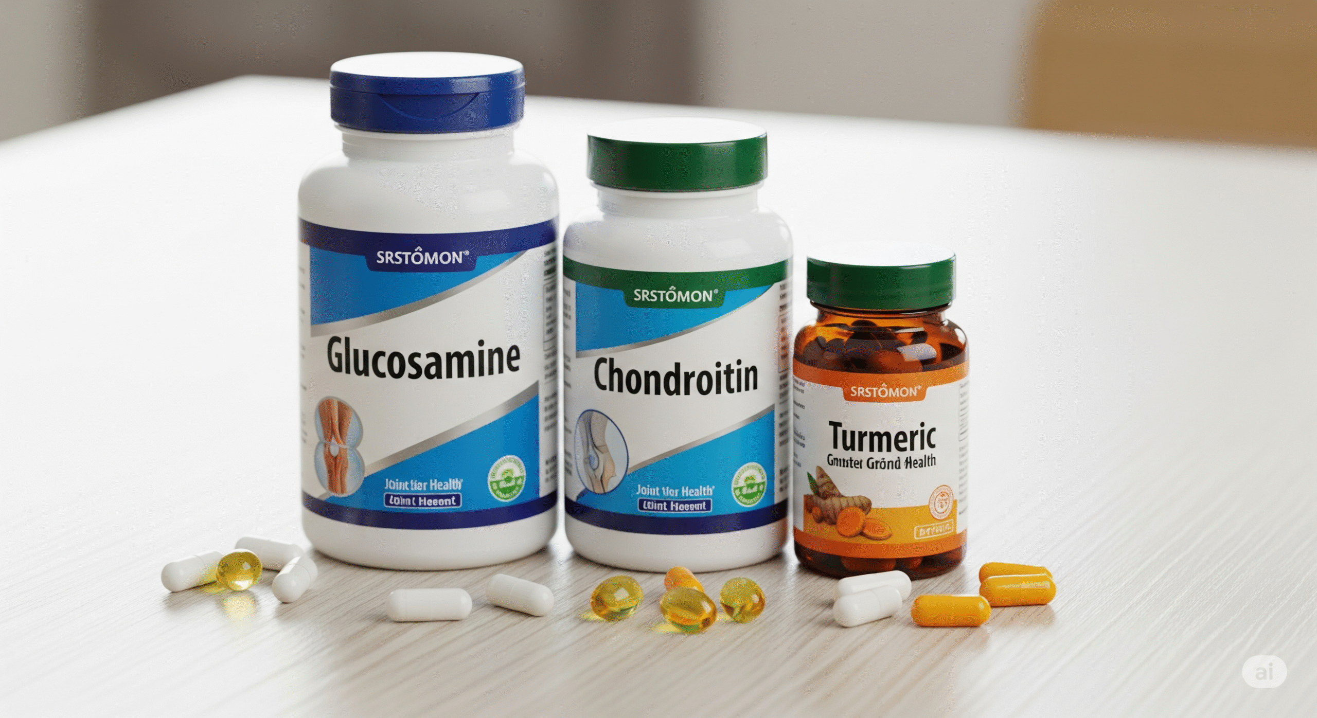 Image credit: Arthritis Foundation (educational use) A collection of nutritional supplements commonly used for joint health, such as glucosamine, chondroitin, and turmeric, displayed with their respective bottles.