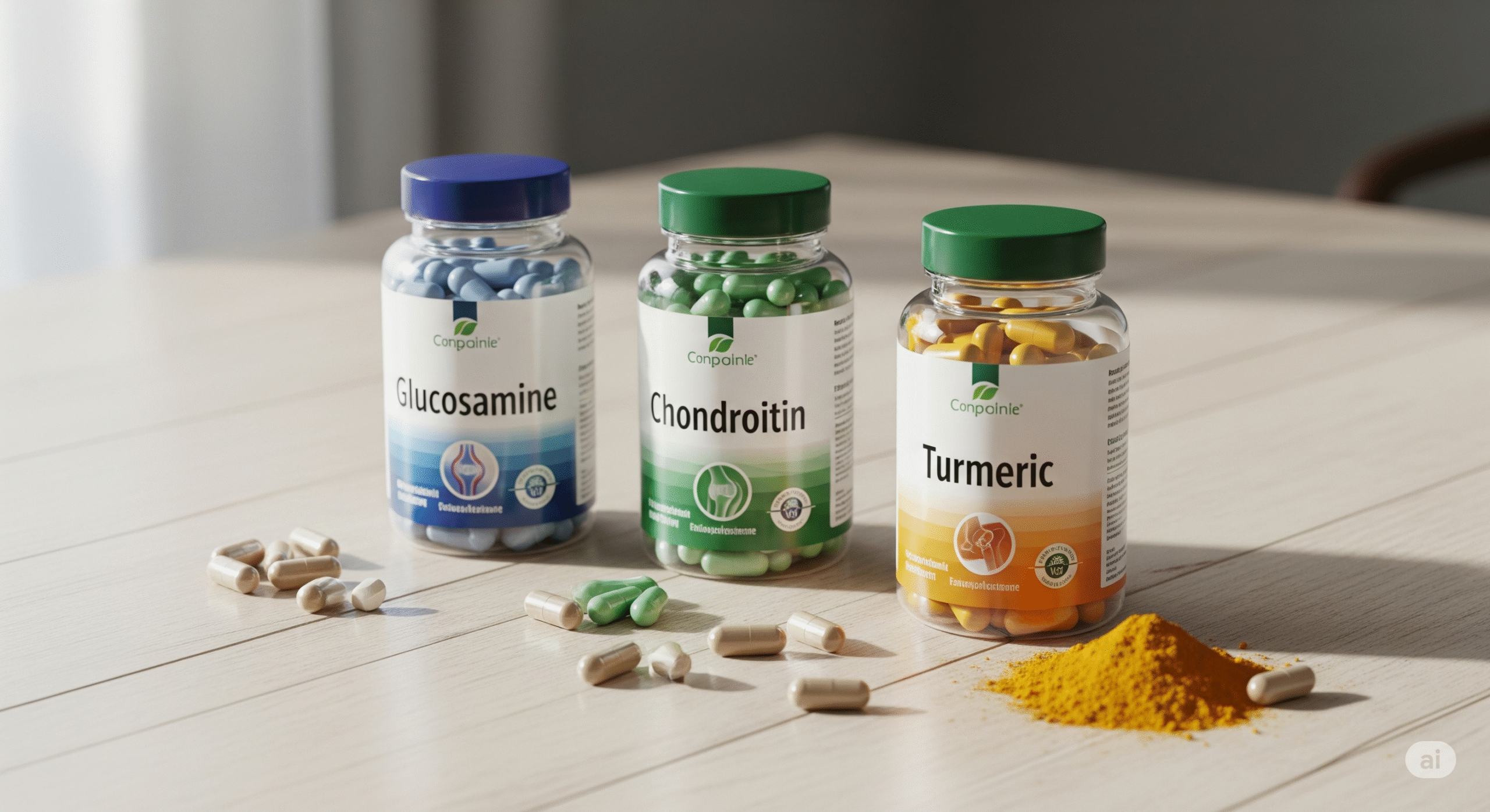 Image credit: Arthritis Foundation (educational use) A collection of nutritional supplements commonly used for joint health, such as glucosamine, chondroitin, and turmeric, displayed with their respective bottles.