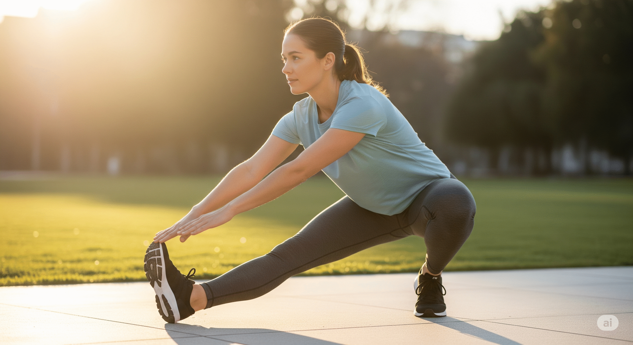 Image credit: LabOfficial Team (Educational Use) A person performing a mobility exercise with a calm and determined expression on their face, in a clean, bright, and natural environment, with a prominent sunlight.