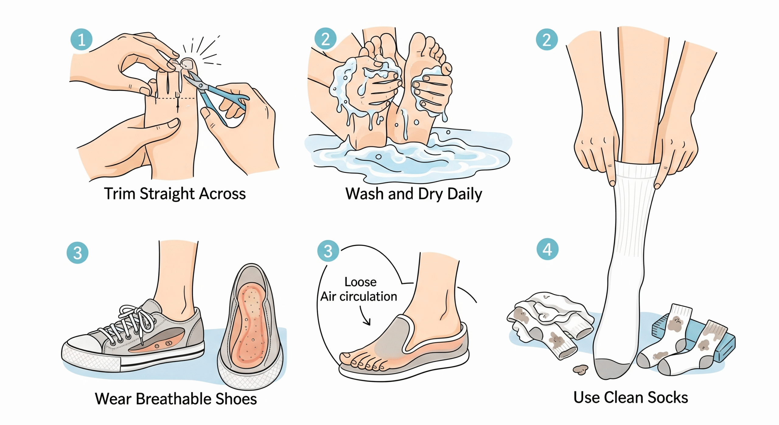 Visual guide demonstrating proper toenail trimming technique (straight across), daily foot washing and drying, wearing breathable shoes, and using clean socks. Step-by-step illustrations for clear understanding.