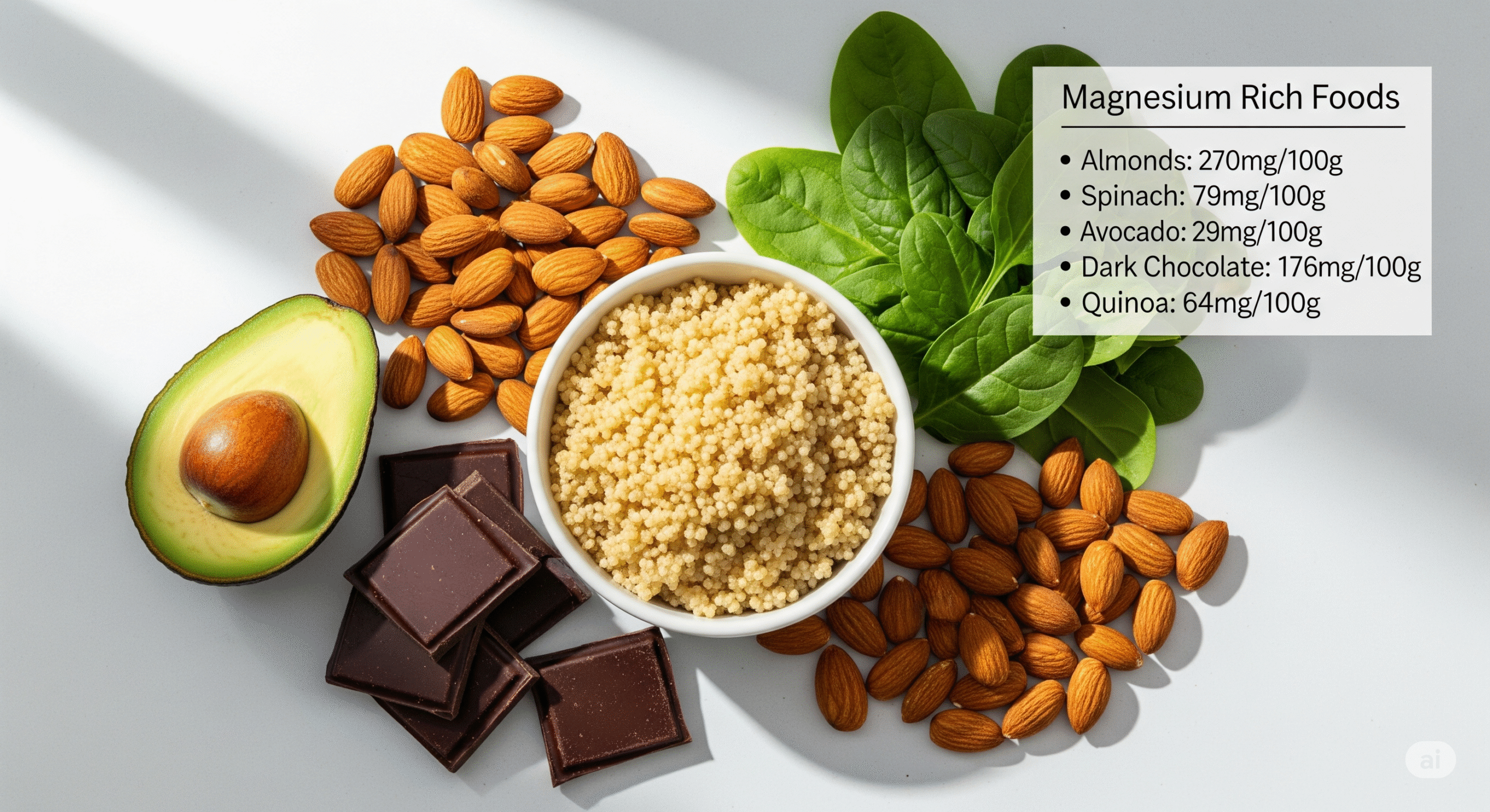 Artistic arrangement of magnesium-rich foods including almonds, spinach, avocado, dark chocolate, and quinoa with nutritional information overlay. Clean, modern food photography with natural lighting and appealing presentation.