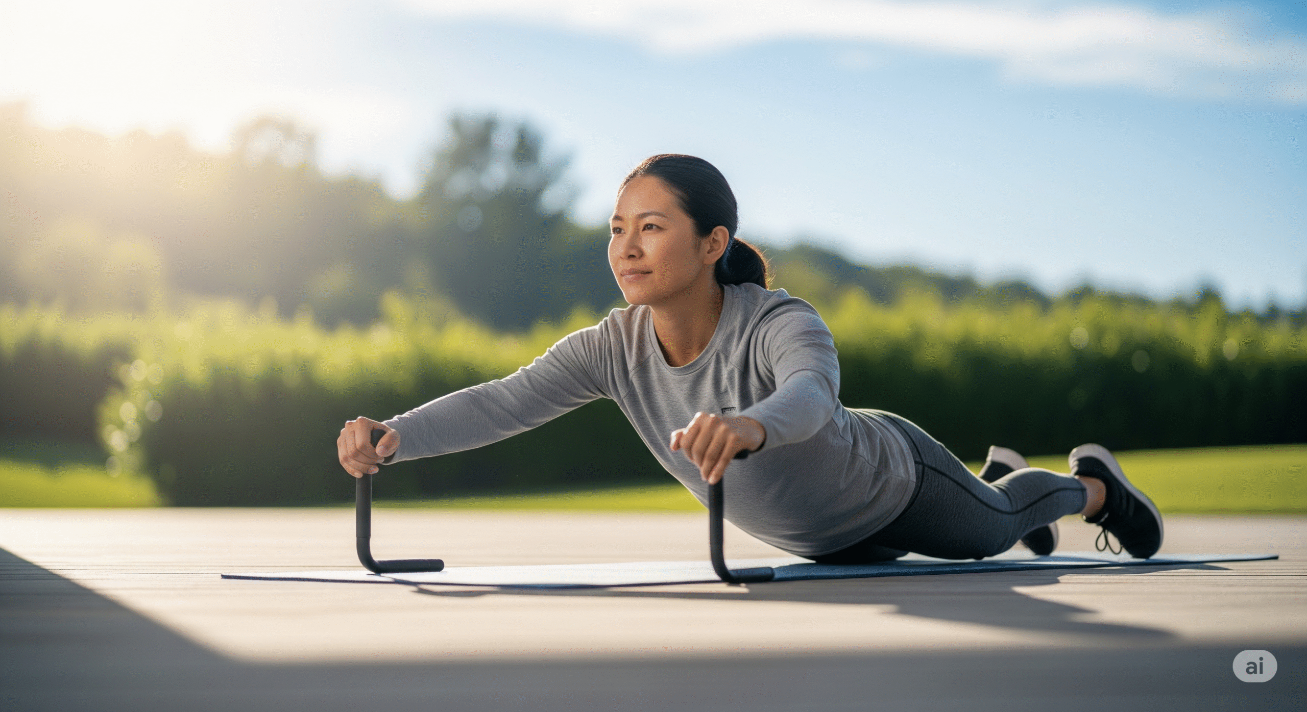 Image credit: LabOfficial Team (Educational Use) A person performing a mobility exercise with a calm and determined expression on their face, in a clean, bright, and natural environment, with a prominent sunlight.