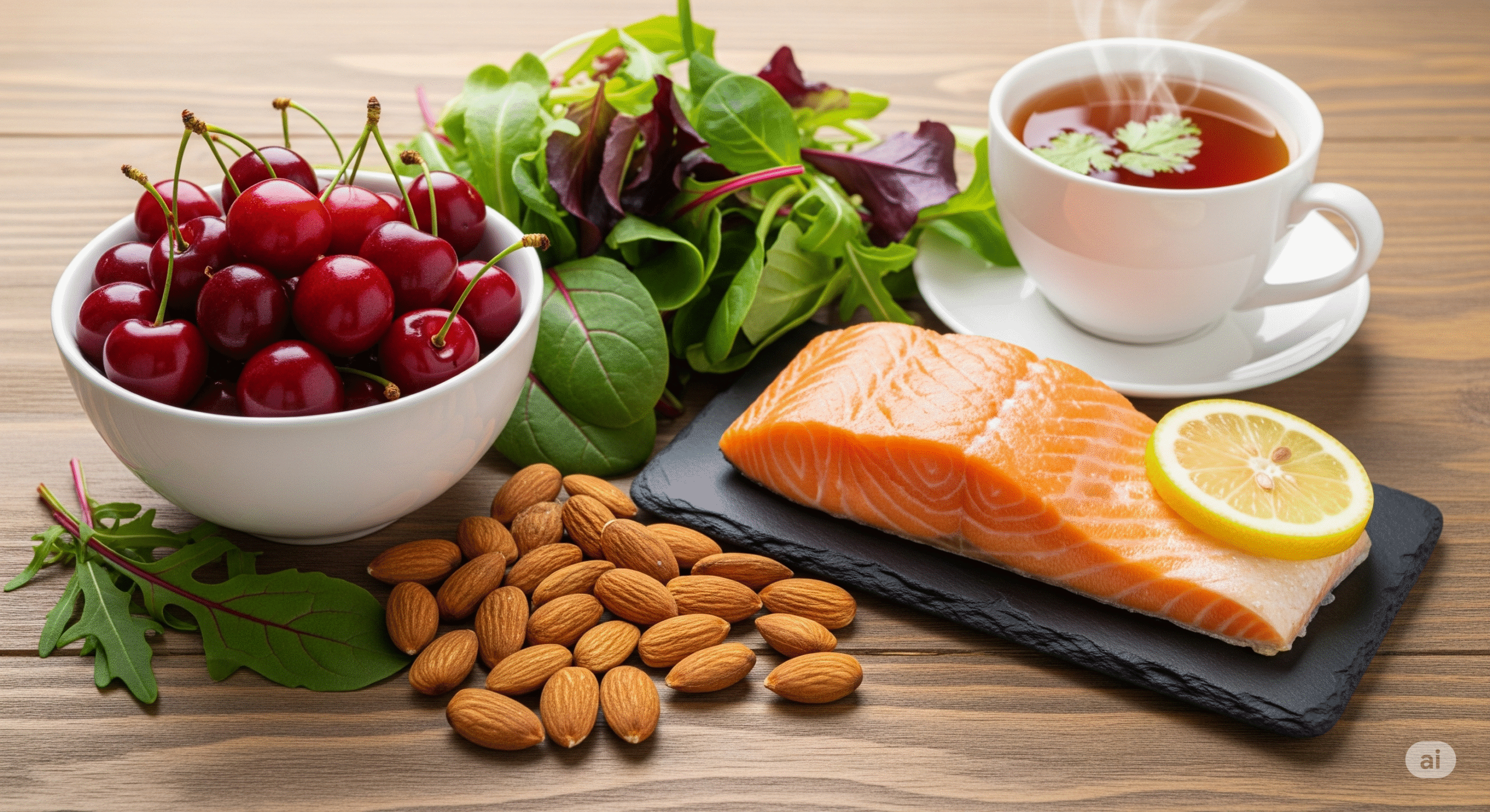 Beautiful arrangement of sleep-promoting foods including cherries, almonds, salmon, leafy greens, and herbal teas on a wooden table with soft, warm lighting. Professional food photography with natural, appetizing presentation.