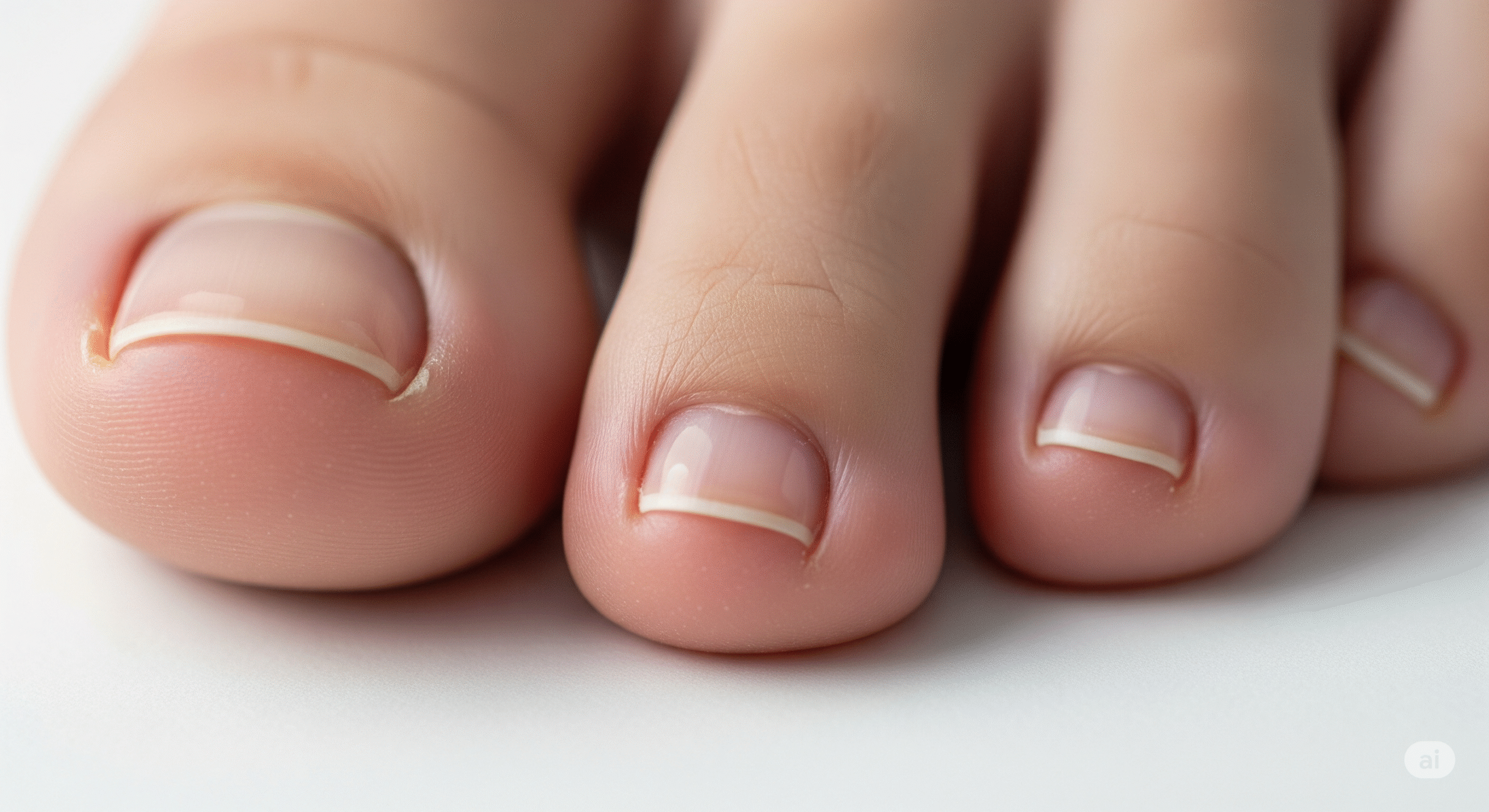 Close-up of perfectly trimmed and clean toenails, showcasing healthy nail plates and cuticles. Professional, clean photography with natural lighting, emphasizing foot health and care.
