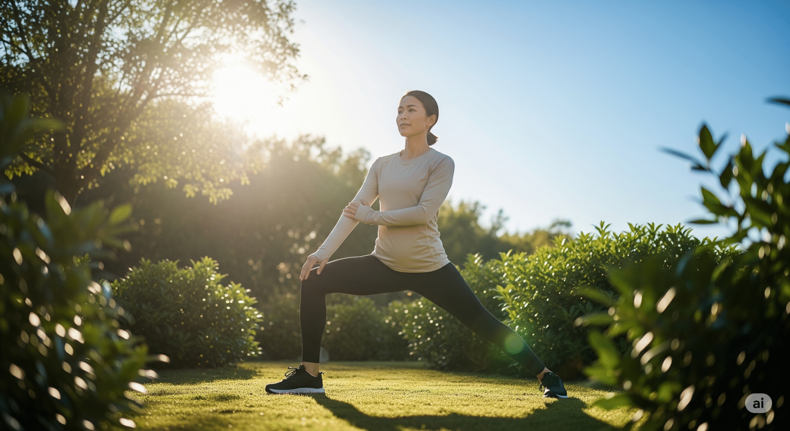 Image credit: LabOfficial Team (Educational Use) A person performing a mobility exercise with a calm and determined expression on their face, in a clean, bright, and natural environment, with a prominent sunlight.