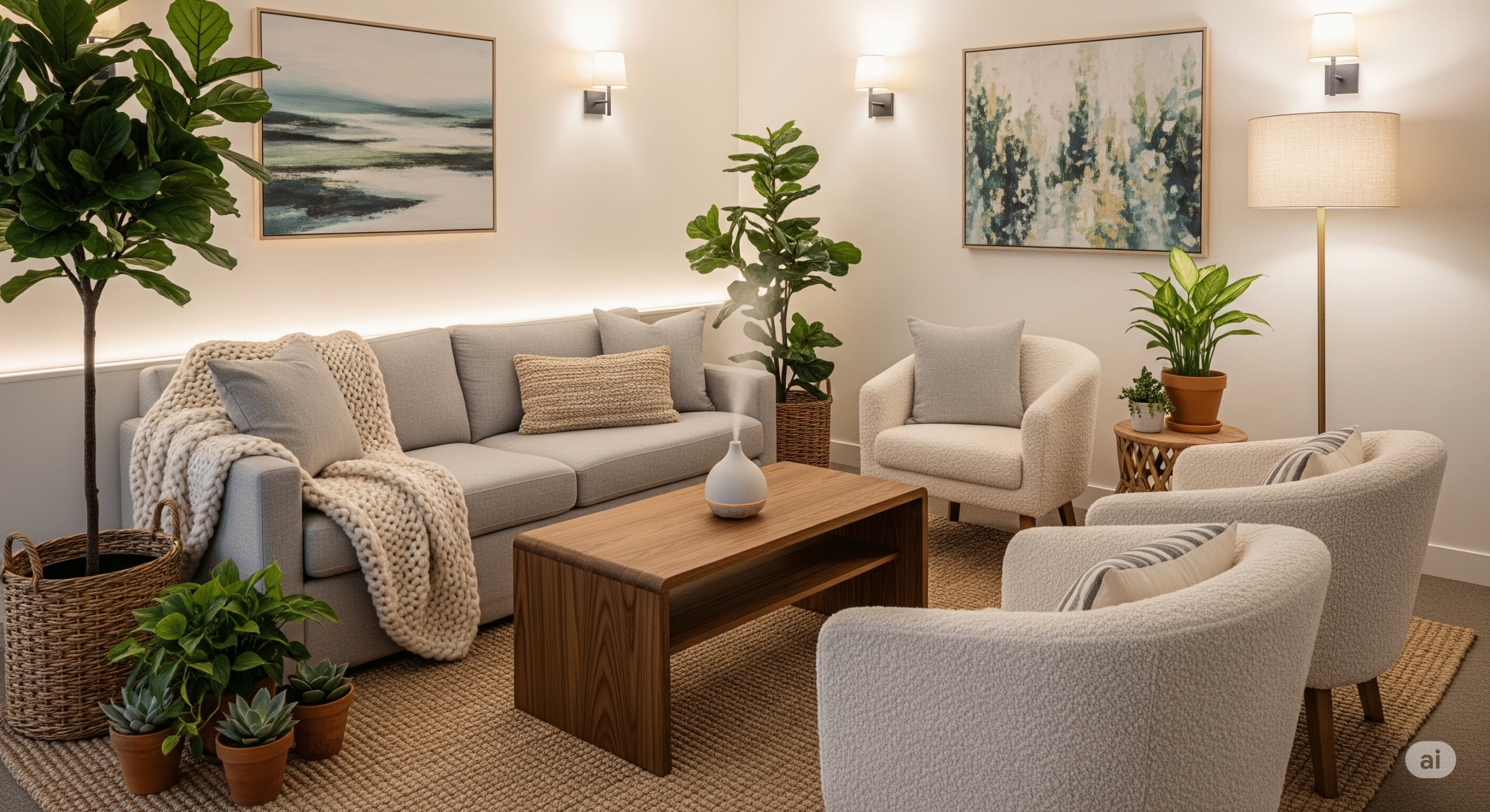 Beautifully designed relaxation space with comfortable seating, soft lighting, plants, essential oil diffuser, calming artwork, and natural textures. Cozy, inviting atmosphere that promotes peace and tranquility.