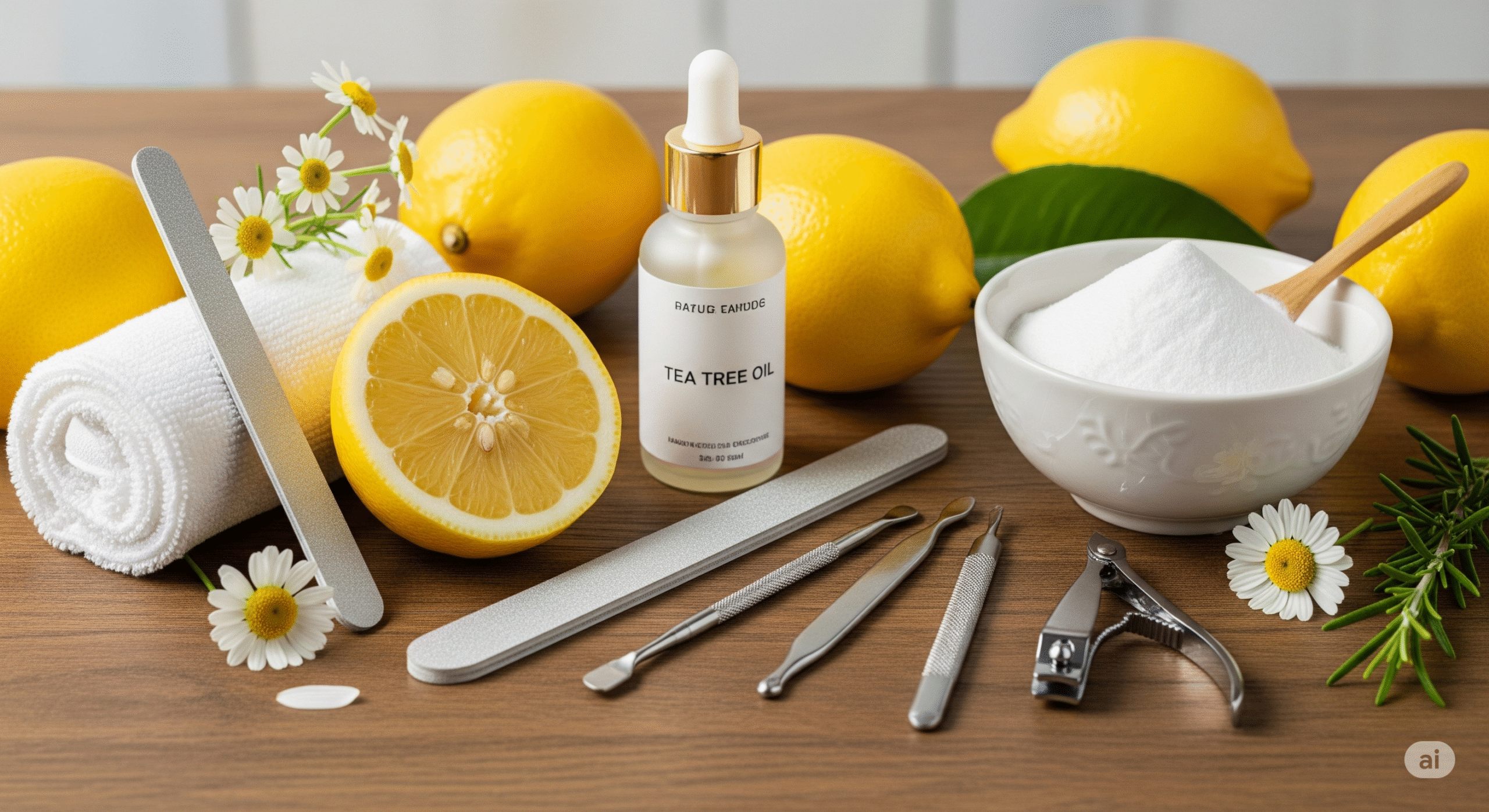 Collection of natural home remedies for yellow nails, including lemons, baking soda, tea tree oil, and nail care tools, arranged aesthetically on a wooden surface. Bright, clean, and inviting composition.