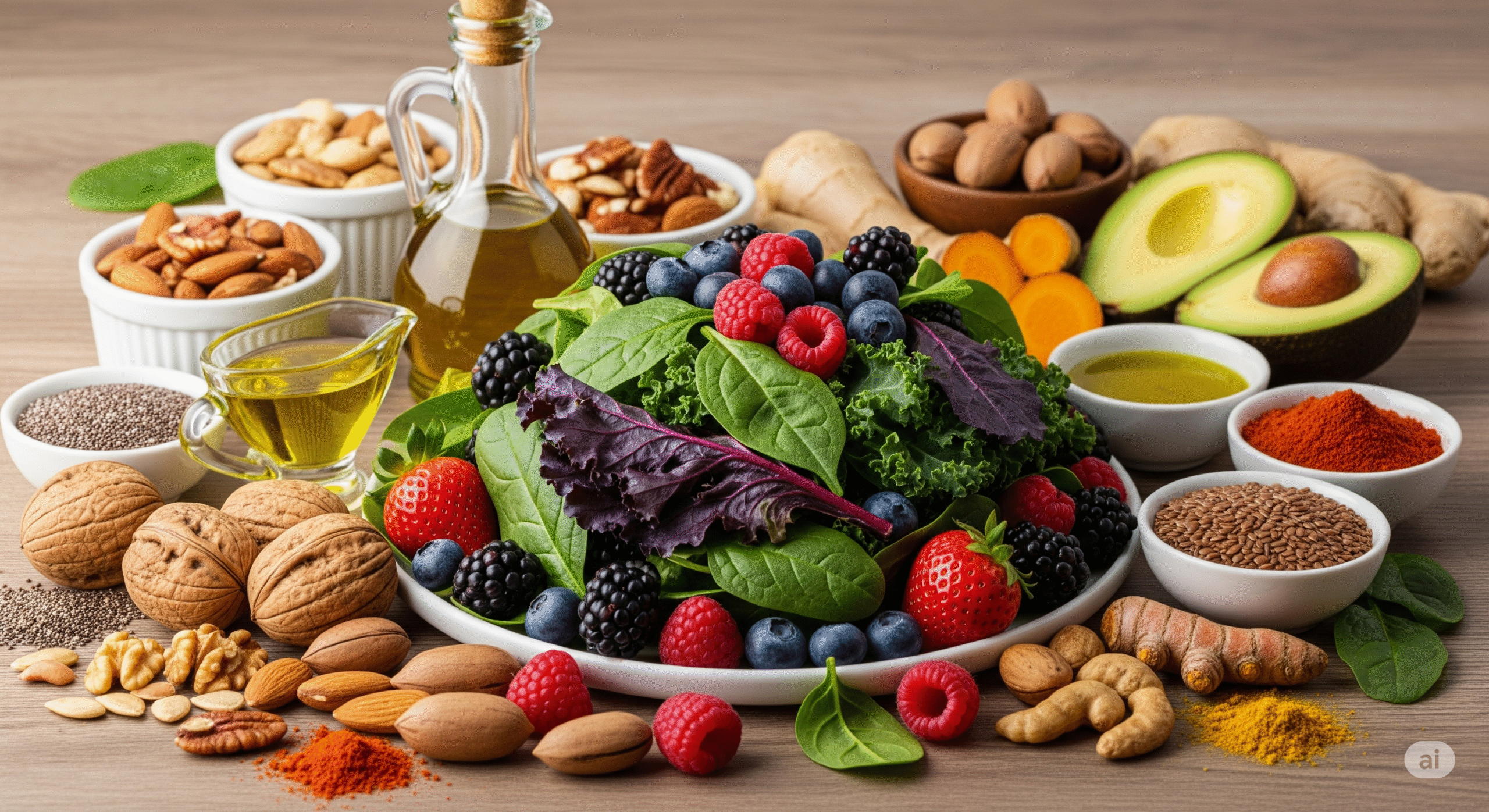 Image credit: LabOfficial Team (Educational Use) A colorful assortment of anti-inflammatory foods that support joint health, including leafy greens, berries, nuts, and healthy oils.