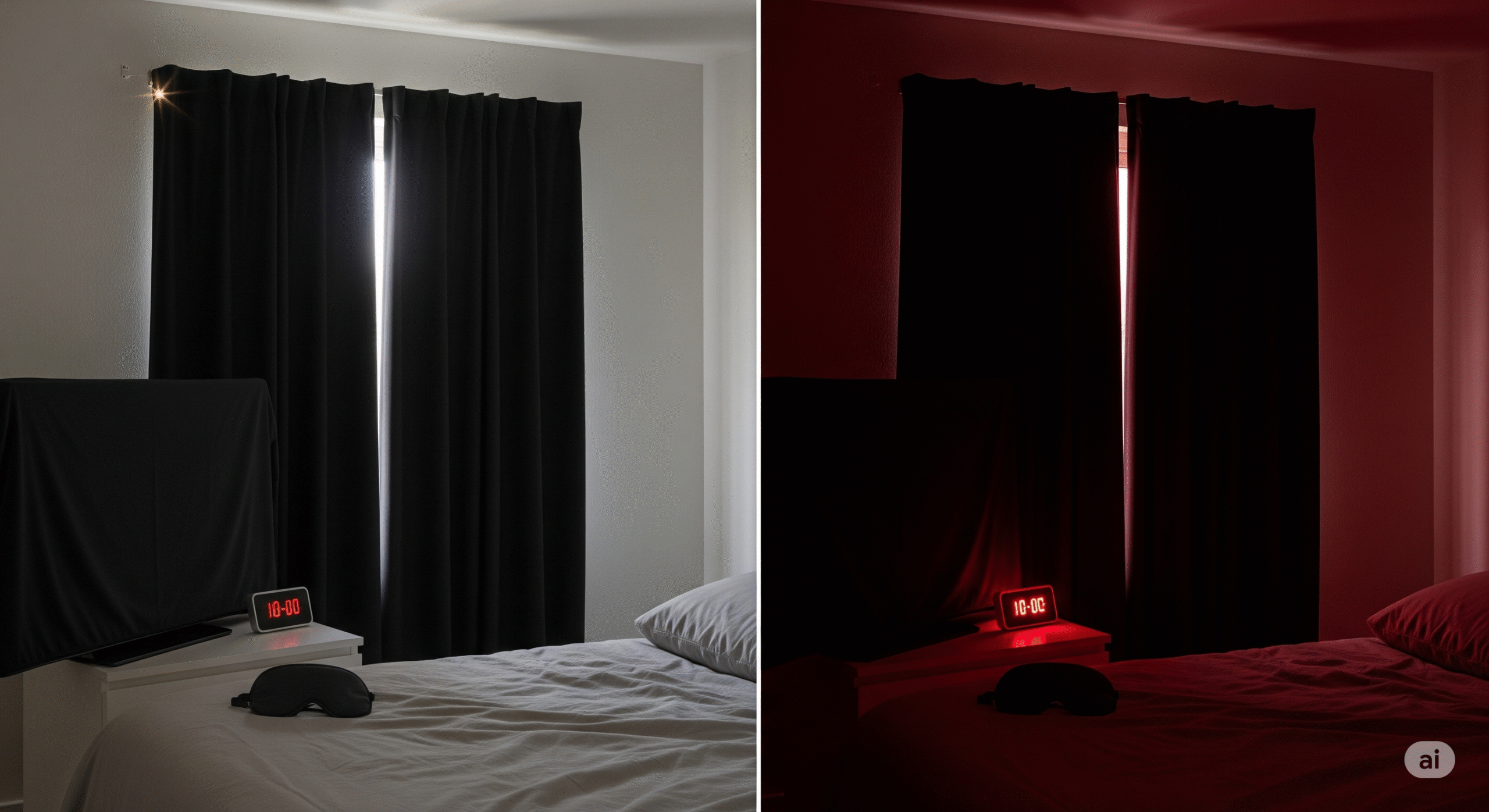  Bedroom showing proper light management with blackout curtains, covered electronics, eye mask on nightstand, and soft red nightlight. Demonstrates the contrast between daytime and nighttime lighting setups for optimal circadian rhythm support.