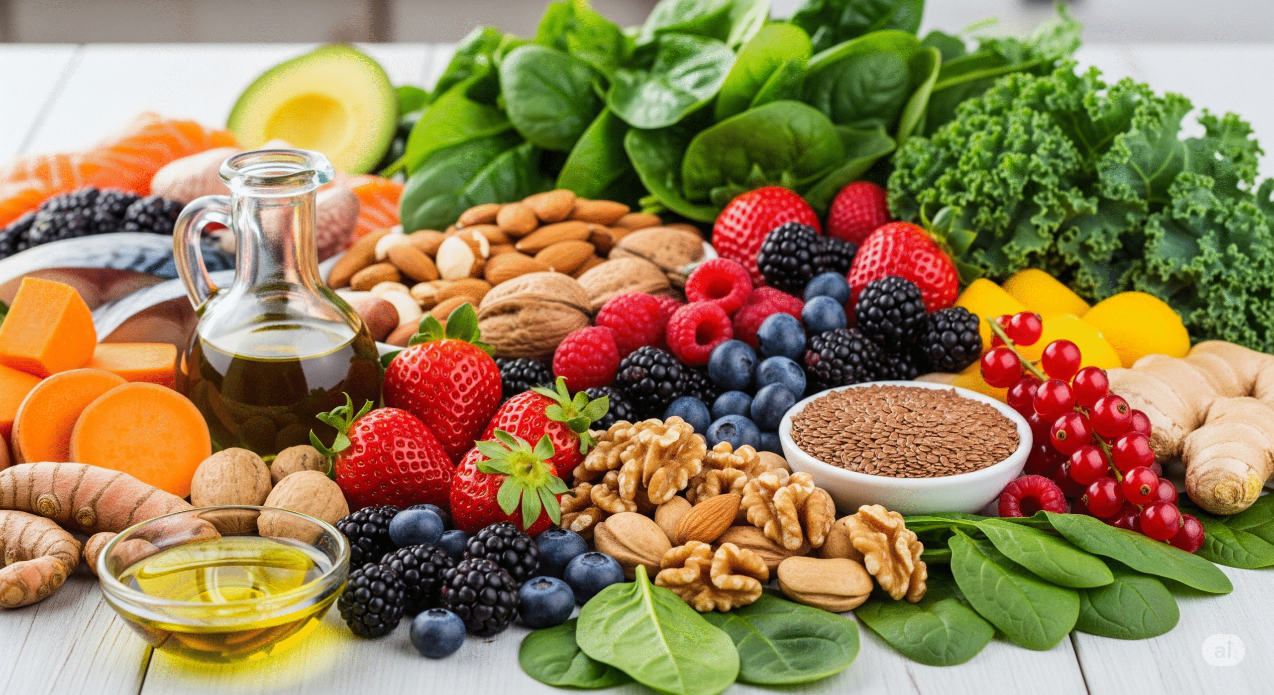 Image credit: Baptist Health (educational use) A colorful assortment of anti-inflammatory foods that support joint health, including leafy greens, berries, nuts, and healthy oils.