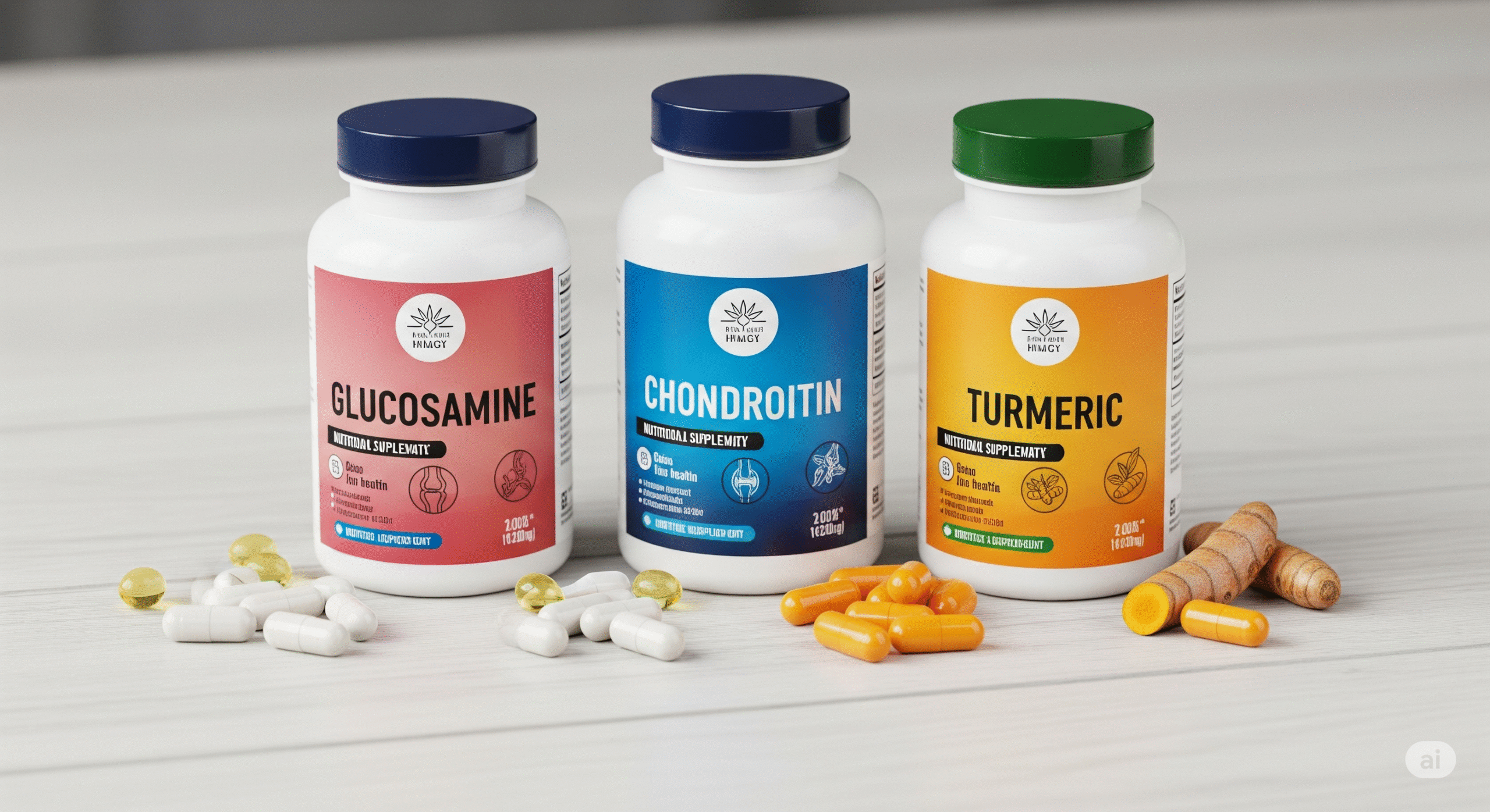 Image credit: Arthritis Foundation (educational use) A collection of nutritional supplements commonly used for joint health, such as glucosamine, chondroitin, and turmeric, displayed with their respective bottles.