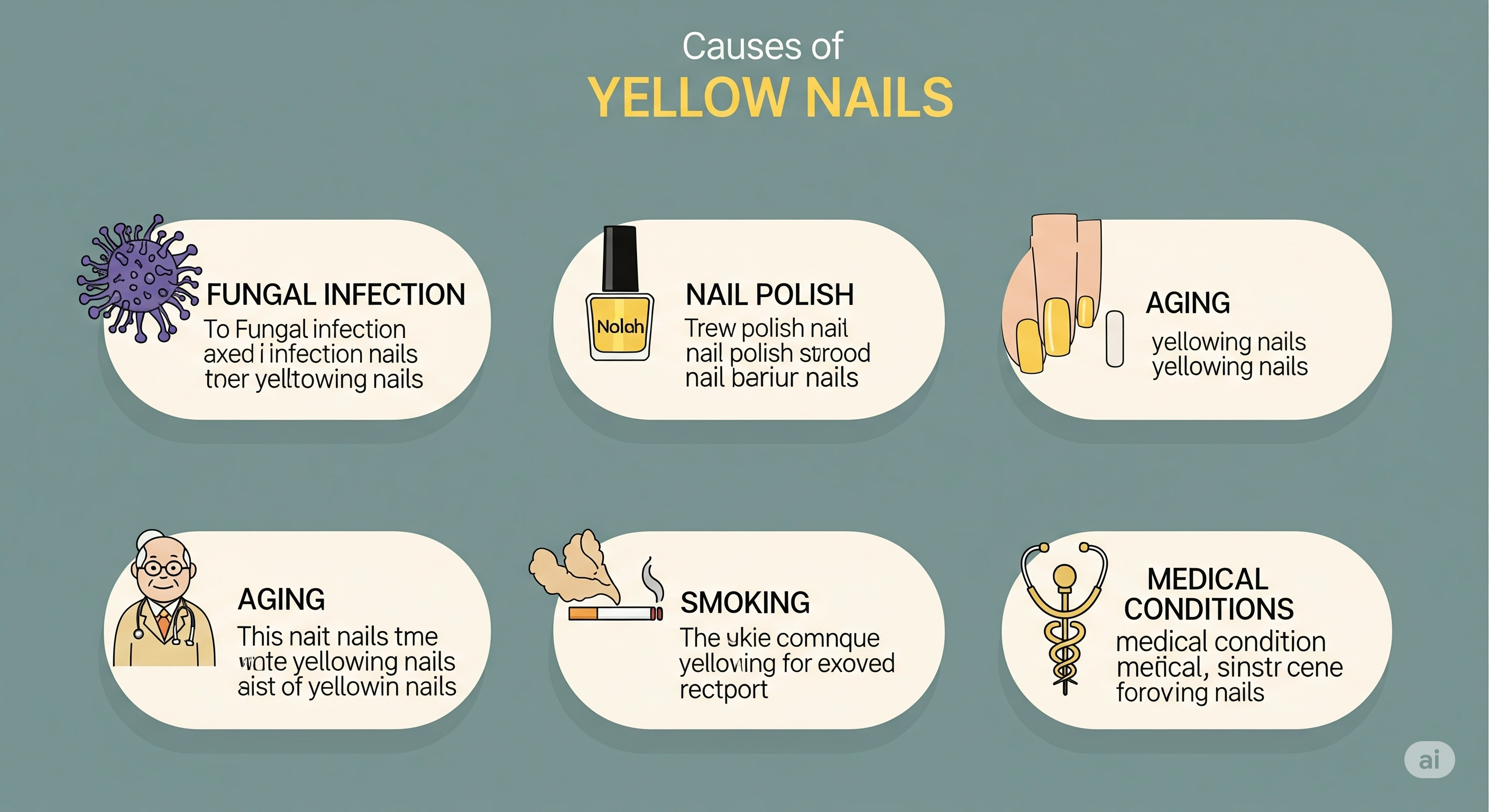 Diagram illustrating various causes of yellow nails, with distinct sections for fungal infection, nail polish, aging, smoking, and medical conditions. Each section has a clear icon and brief explanation.