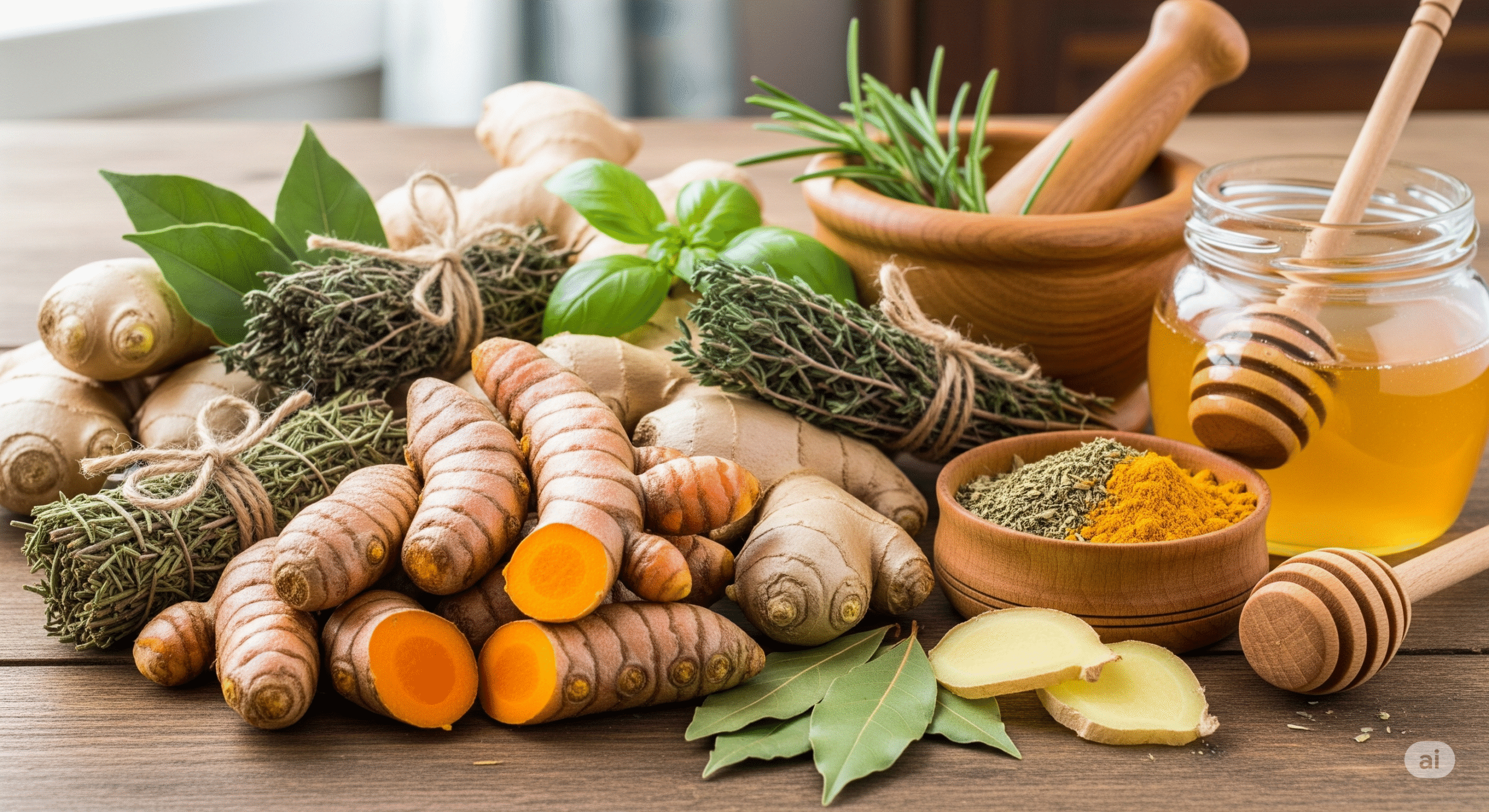 Image credit: Linda R. Morris (educational use) Various natural ingredients like turmeric, ginger, and other herbs known for their anti-inflammatory properties, often used in home remedies for joint pain.