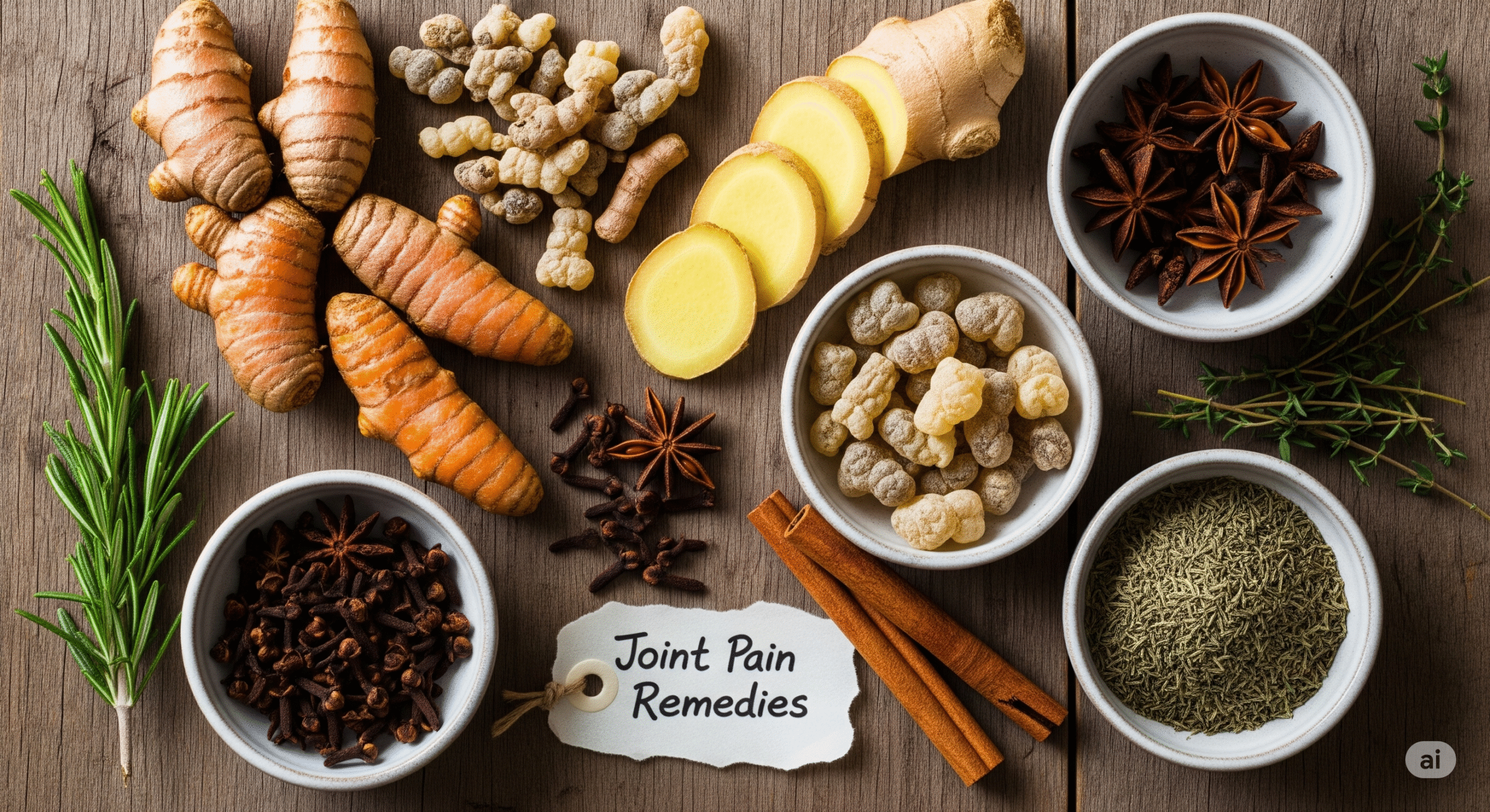 Image credit: Linda R. Morris (educational use) Various natural ingredients like turmeric, ginger, and other herbs known for their anti-inflammatory properties, often used in home remedies for joint pain.