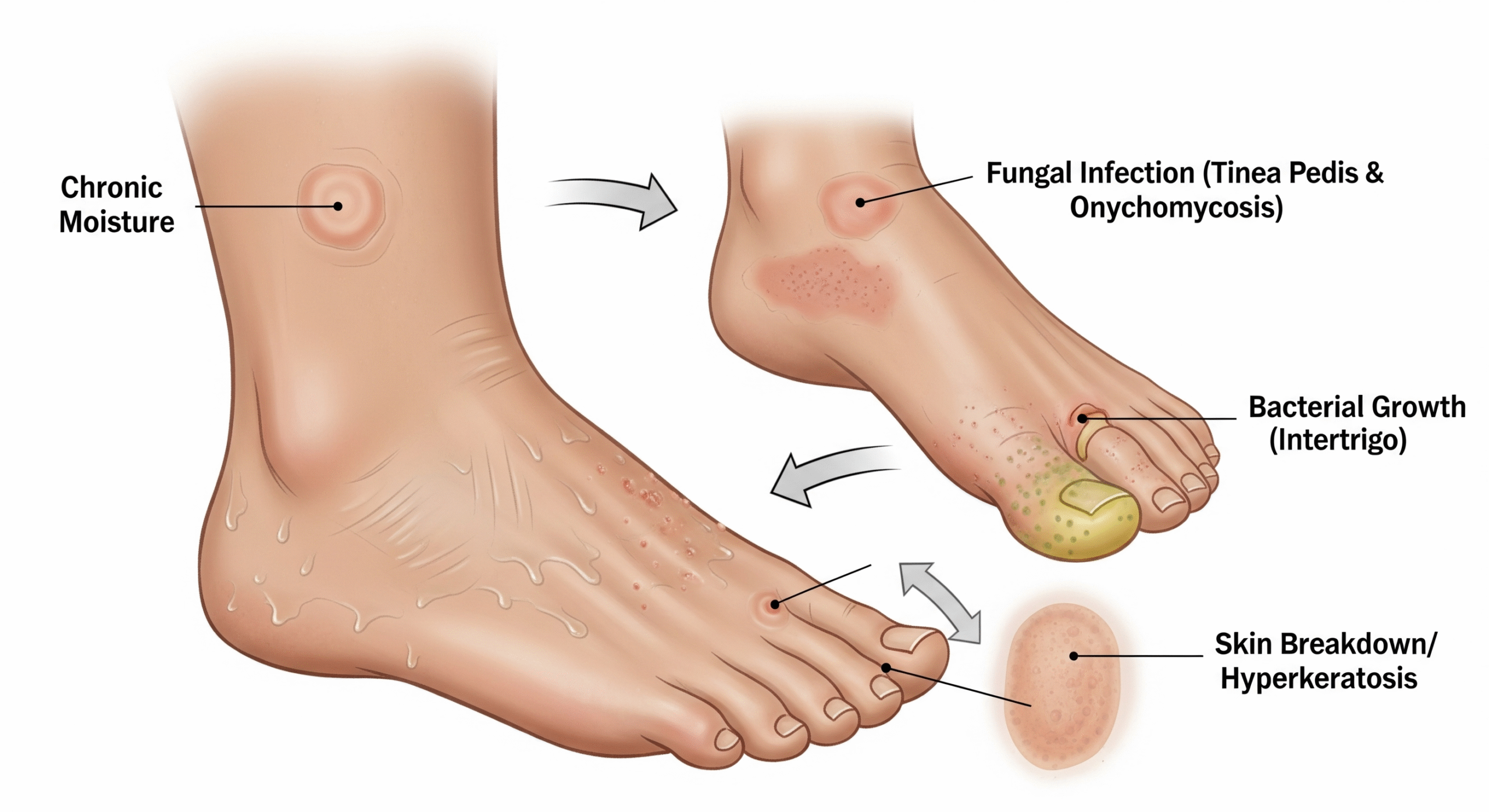 Visual representation of complications from chronic foot moisture, showing progression from moisture to fungal infections, bacterial growth, and skin problems. Medical illustration style with clear labeling.