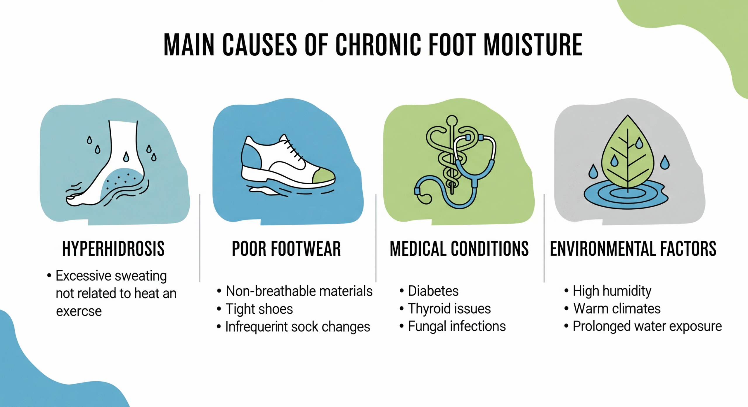 Infographic showing the main causes of chronic foot moisture including hyperhidrosis, poor footwear, medical conditions, and environmental factors. Clean, educational design with icons and explanatory text.