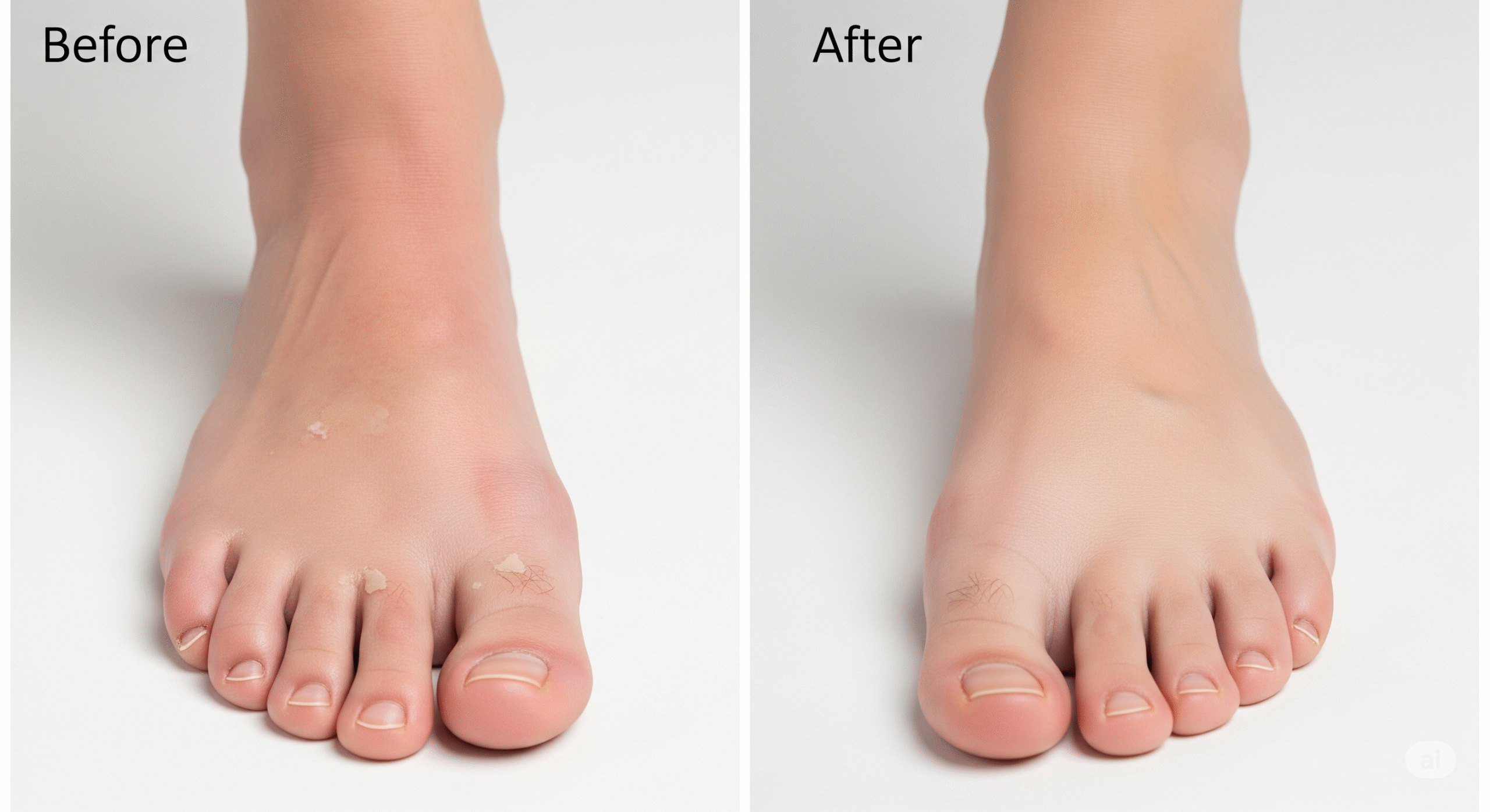 Before and after comparison showing feet with chronic moisture problems versus healthy, dry feet after implementing proper care strategies. Clean, medical-style photography emphasizing the transformation.