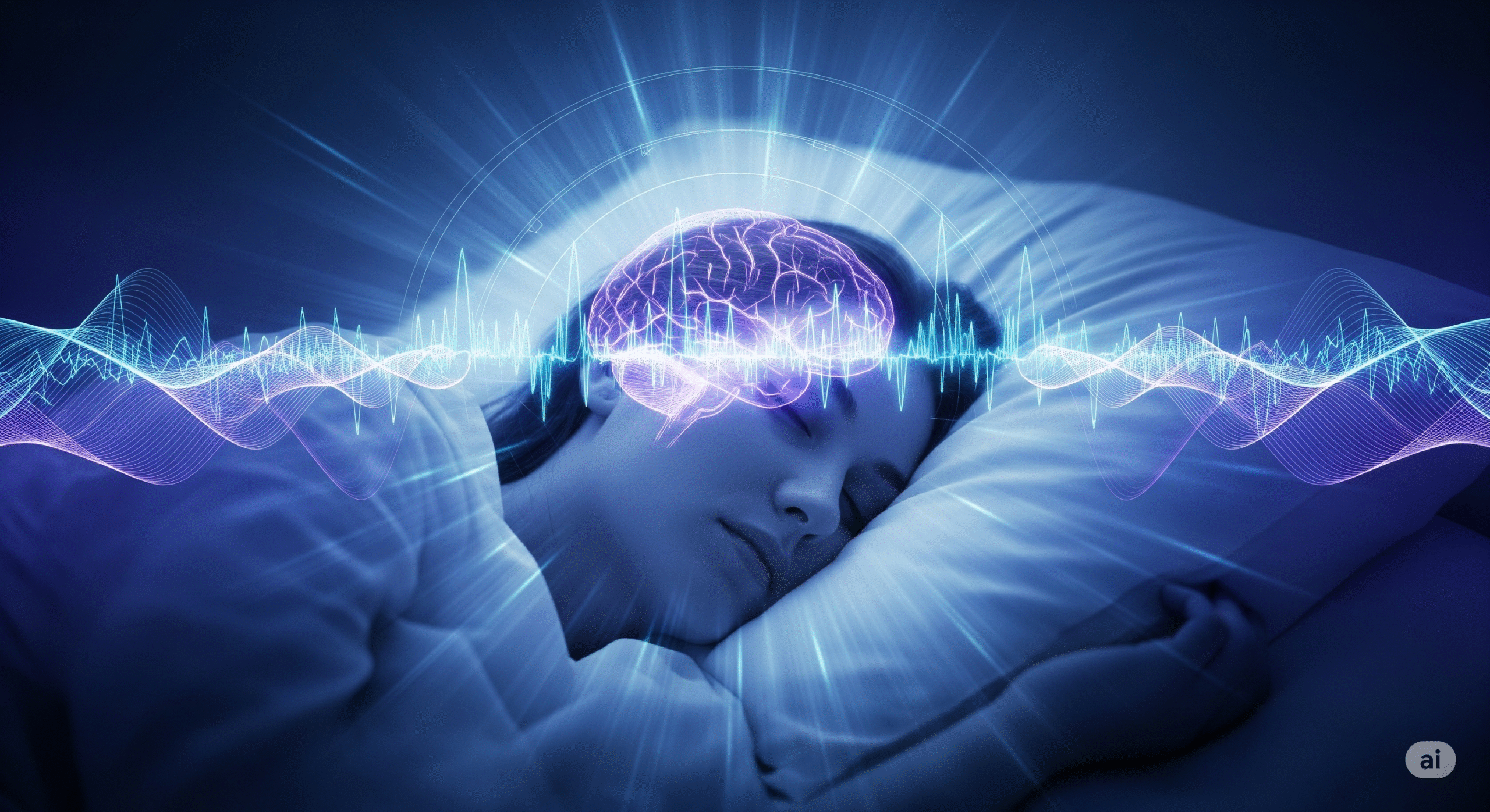 A serene visualization of deep sleep stages with brain activity patterns, a peacefully sleeping person, and a gentle blue/purple glow representing restorative sleep cycles. Scientific yet calming aesthetic.