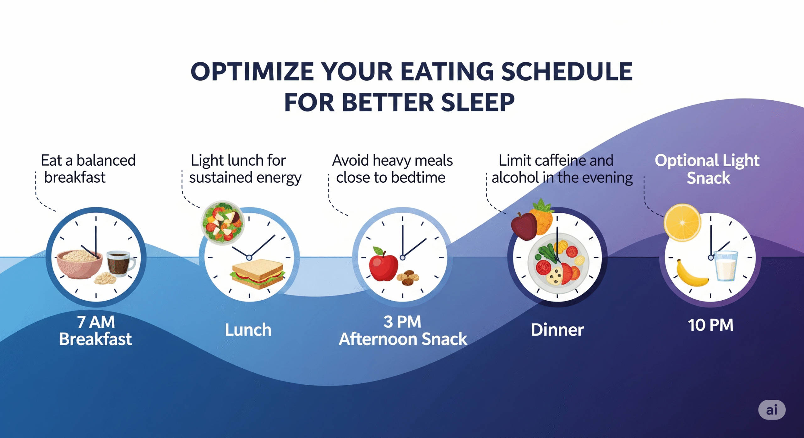 Visual timeline showing optimal meal and snack timing for better sleep, with clock elements and food illustrations. Clean, informative design showing the relationship between eating schedule and sleep quality.