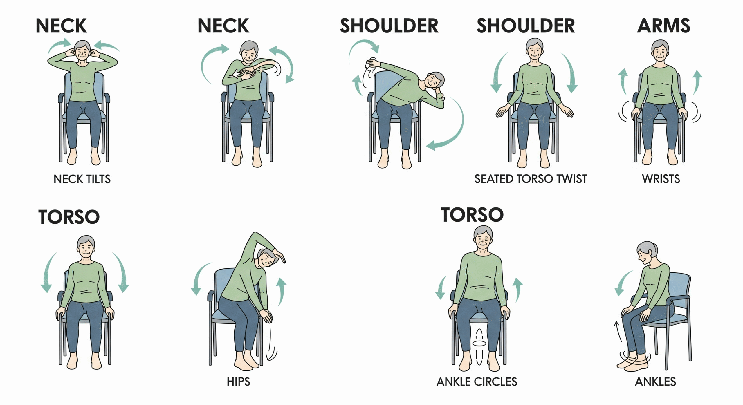 Image credit: Etsy (educational use) A diagram illustrating various chair-based mobility exercises suitable for seniors, focusing on gentle movements for different body parts.
