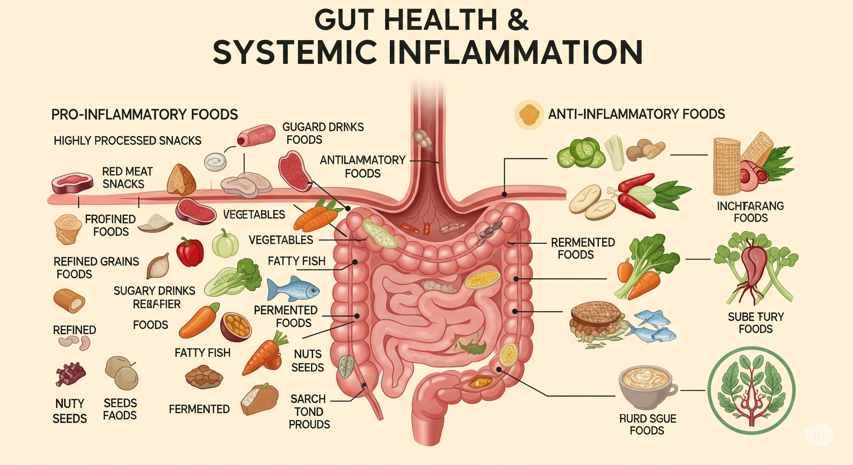 Image credit: Journal of Translational Medicine (educational use) A detailed infographic illustrating the connection between gut health and systemic inflammation, showing how different foods affect the body's inflammatory response.