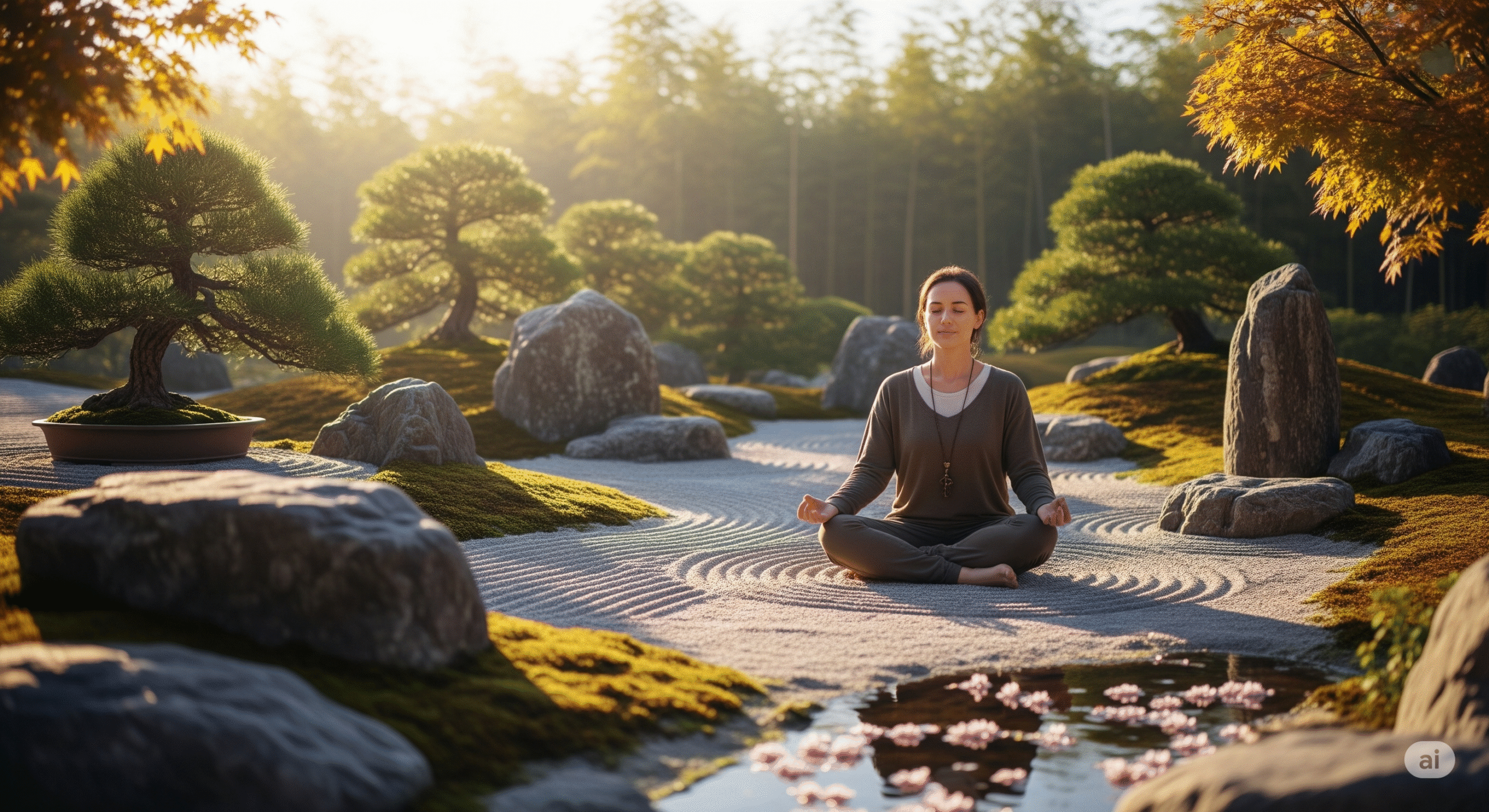 Peaceful meditation scene with person in lotus position surrounded by nature, soft golden lighting, zen garden elements, and calming atmosphere. Professional wellness photography with warm, soothing colors.