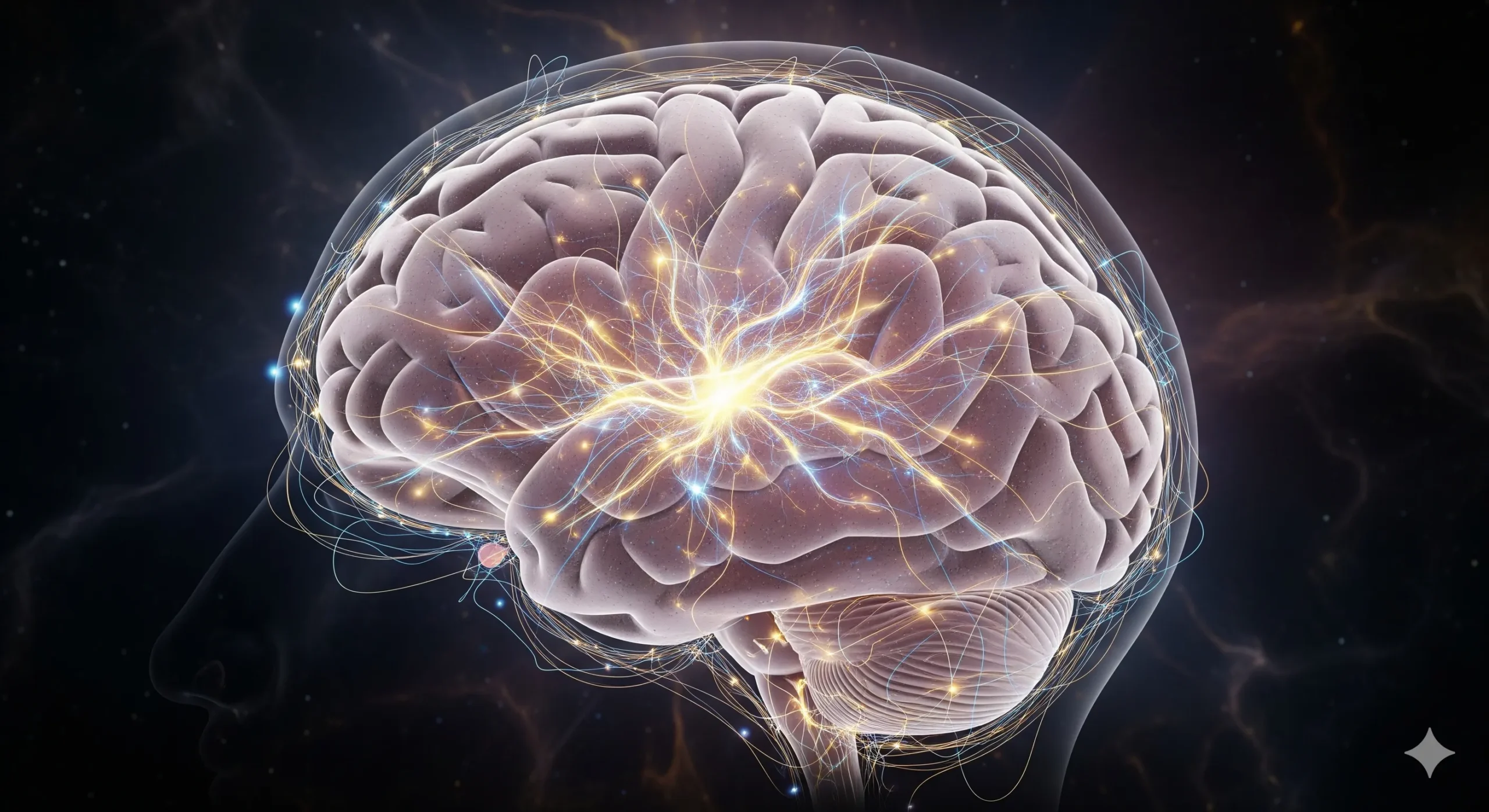 A detailed illustration of a human brain with a network of glowing, interconnected neural pathways, representing a highly functional and efficient cognitive system.