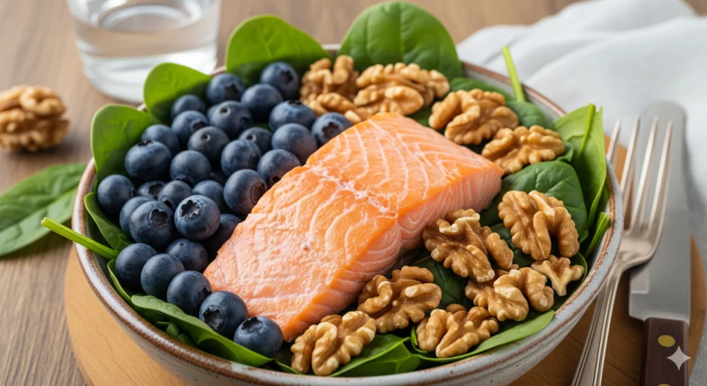 A close-up shot of a healthy meal including salmon, walnuts, blueberries, and spinach, illustrating foods rich in nutrients essential for brain health and memory.